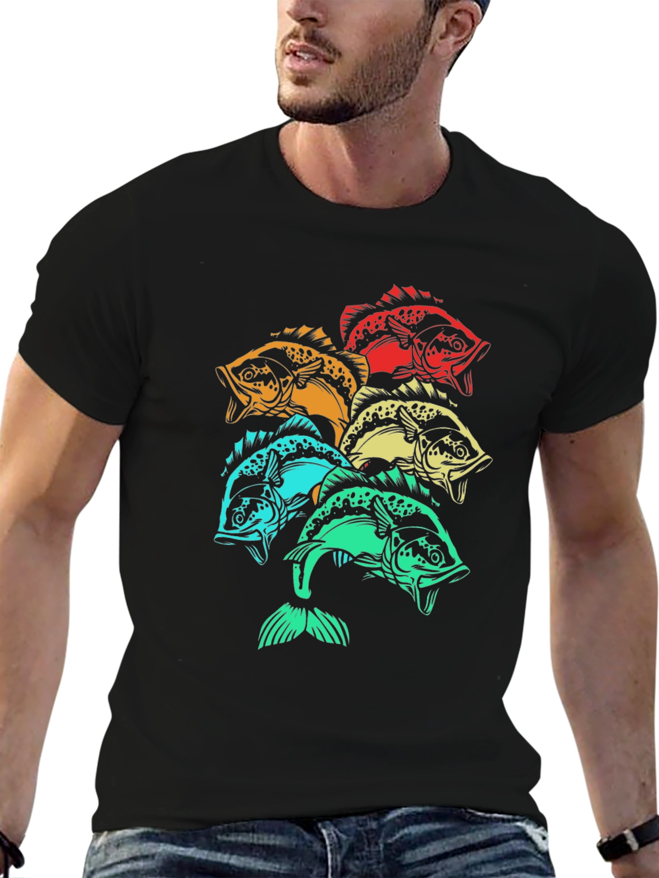 Colorful Fish Graphic Tee - Black Cotton T-Shirt