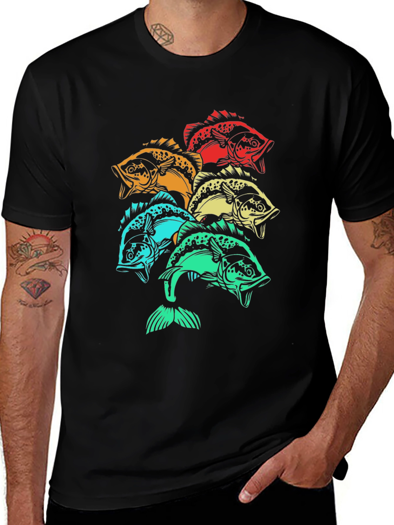 Colorful Fish Graphic Tee - Black Cotton T-Shirt
