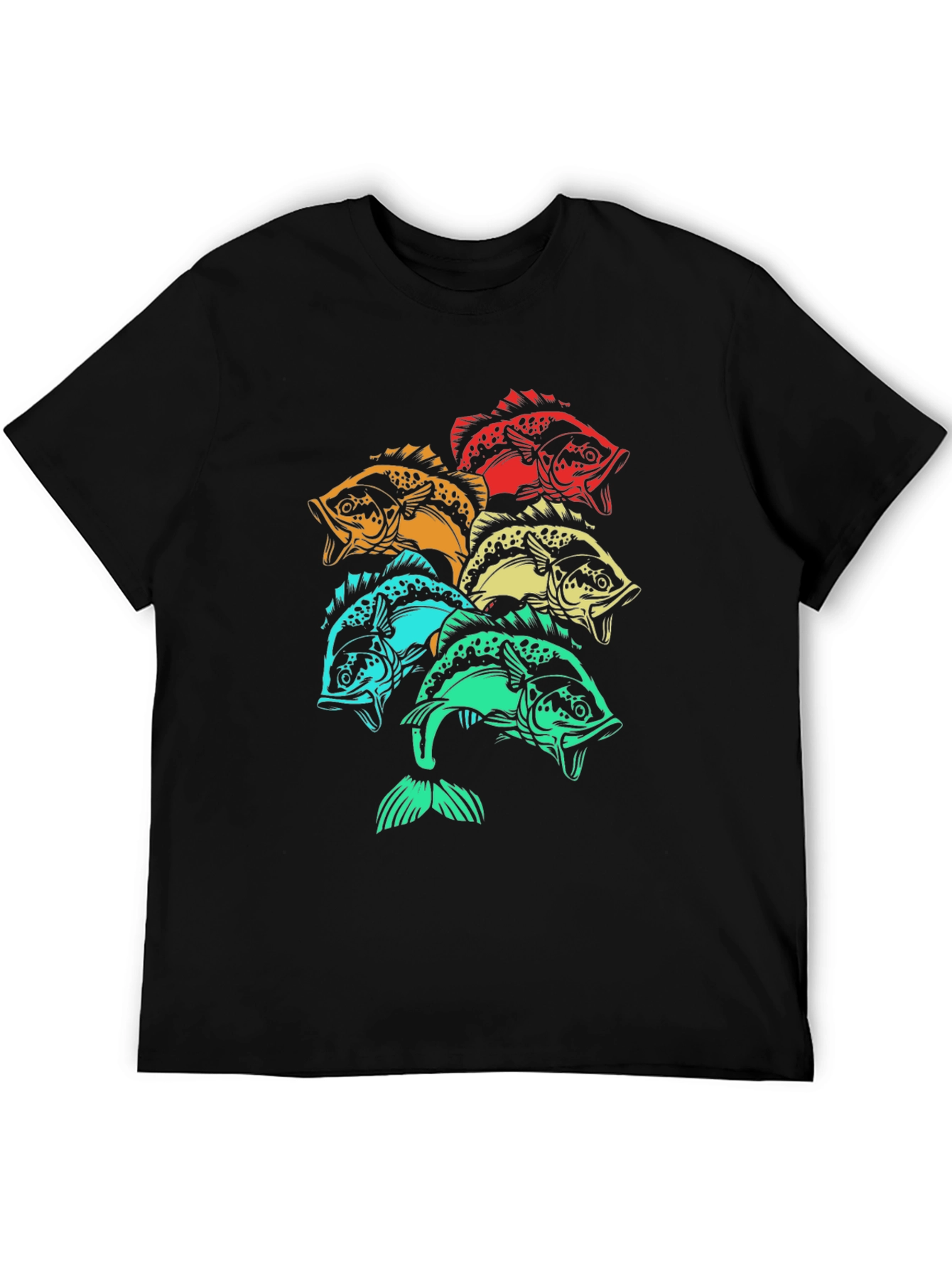 Colorful Fish Graphic Tee - Black Cotton T-Shirt