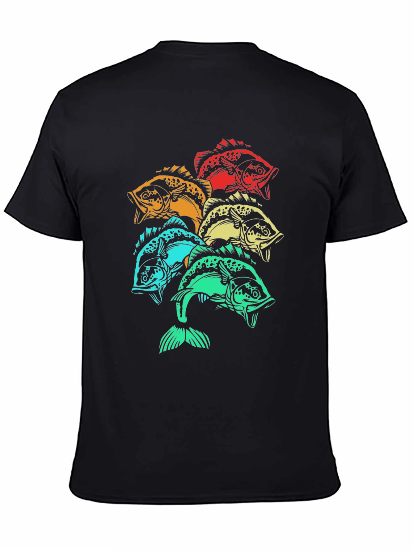 Colorful Fish Graphic Tee - Black Cotton T-Shirt