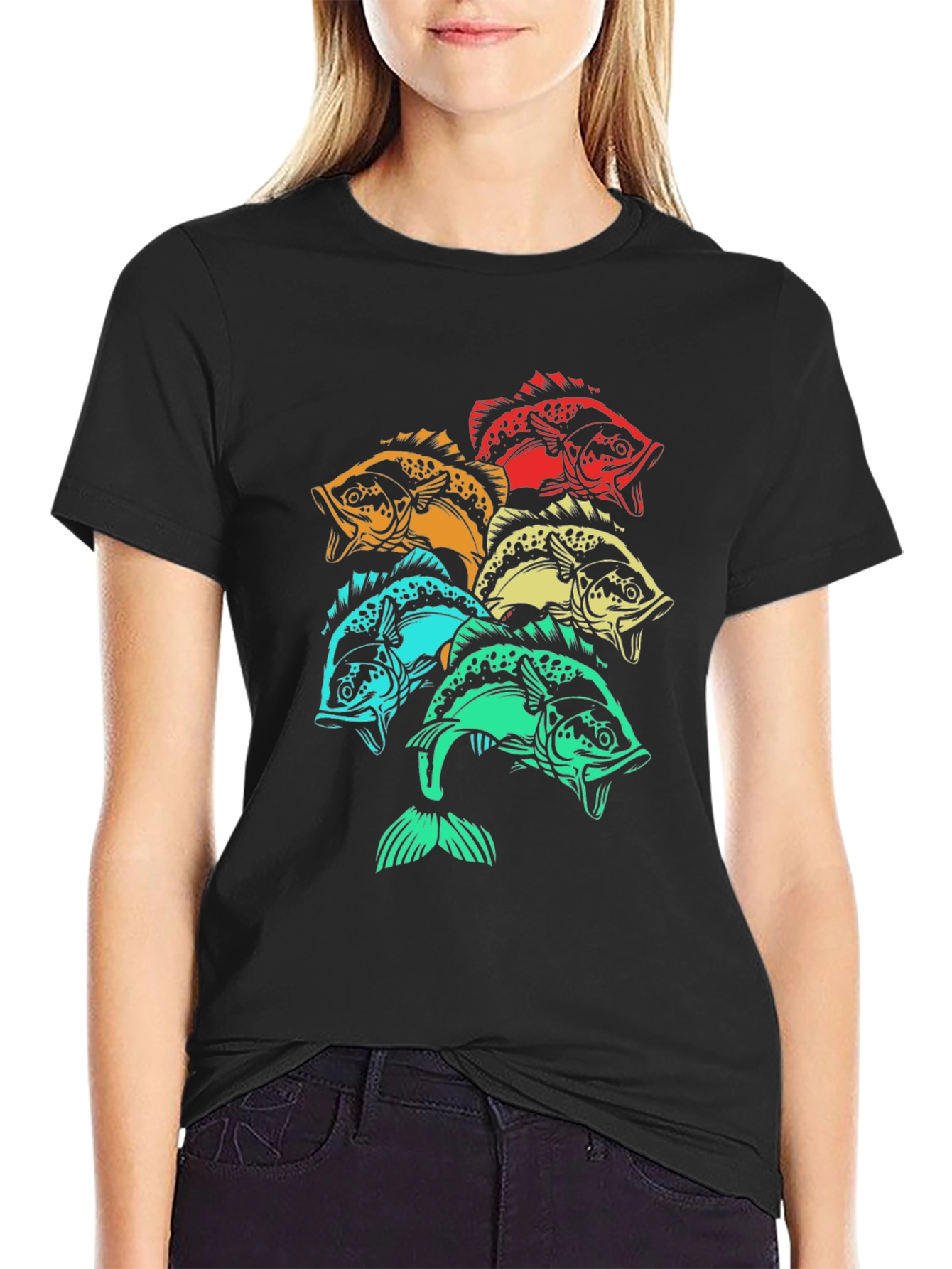 Colorful Fish Graphic Tee - Black Cotton T-Shirt