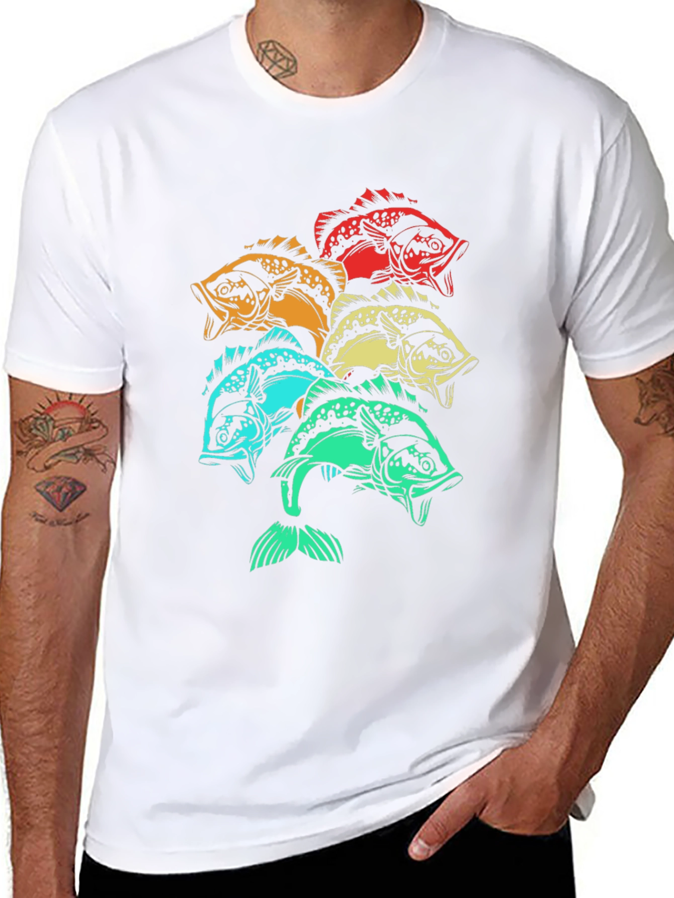 Colorful Fish Graphic Tee - Black Cotton T-Shirt