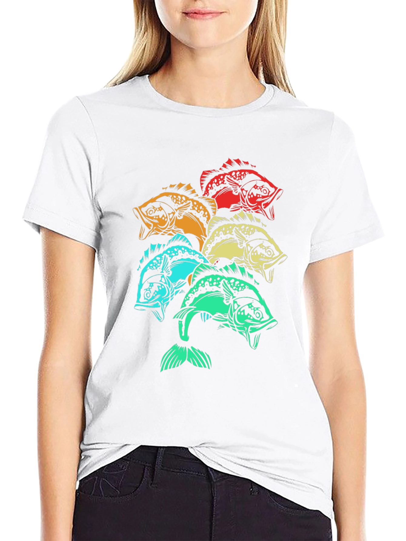 Colorful Fish Graphic Tee - Black Cotton T-Shirt