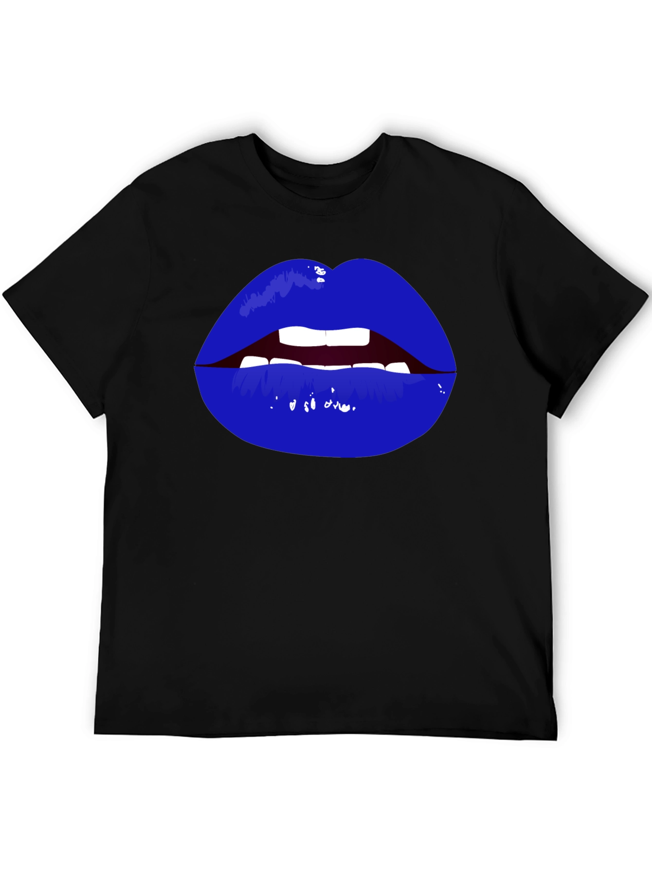 Bold Blue Lips Graphic Tee - Black Cotton T-Shirt