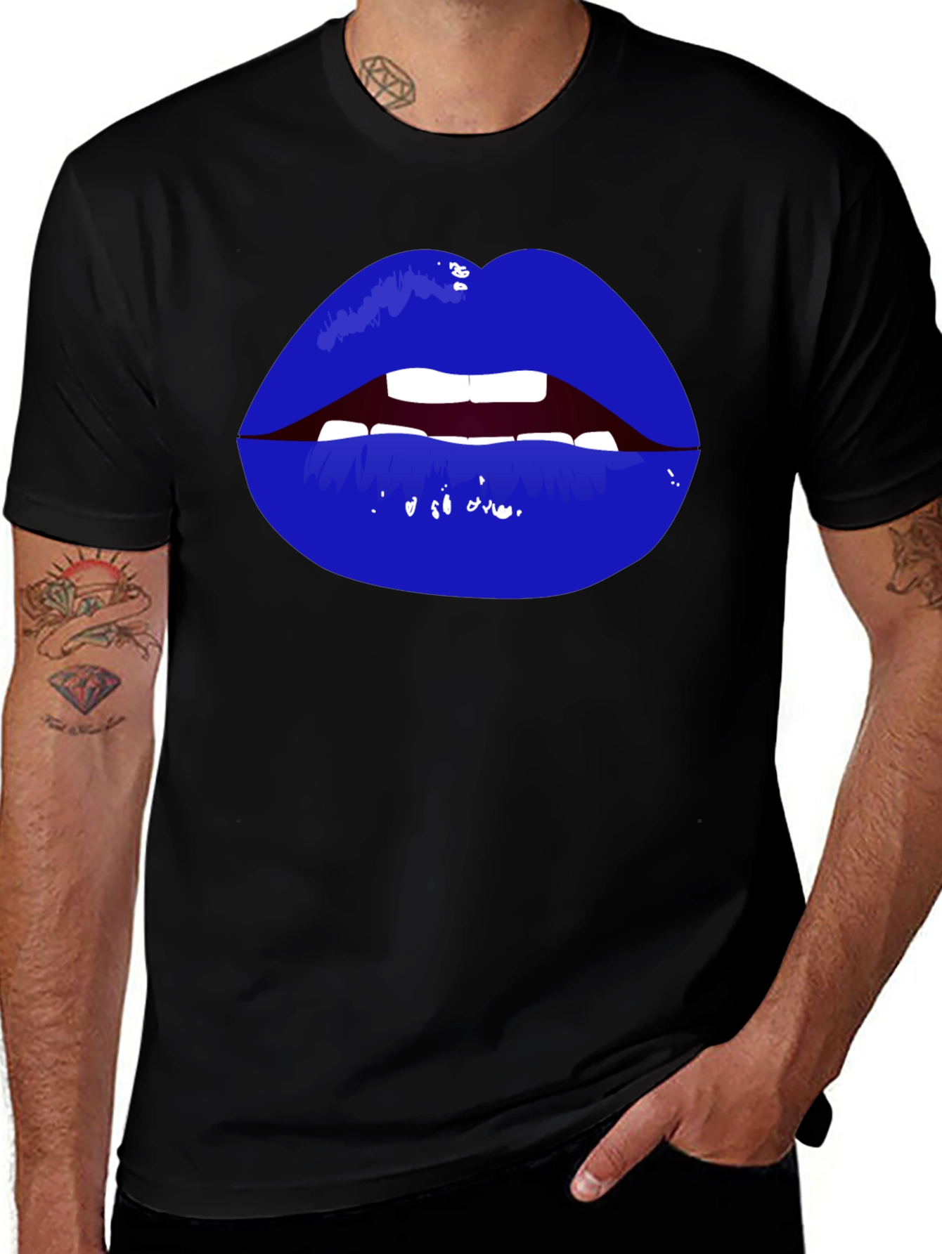 Bold Blue Lips Graphic Tee - Black Cotton T-Shirt