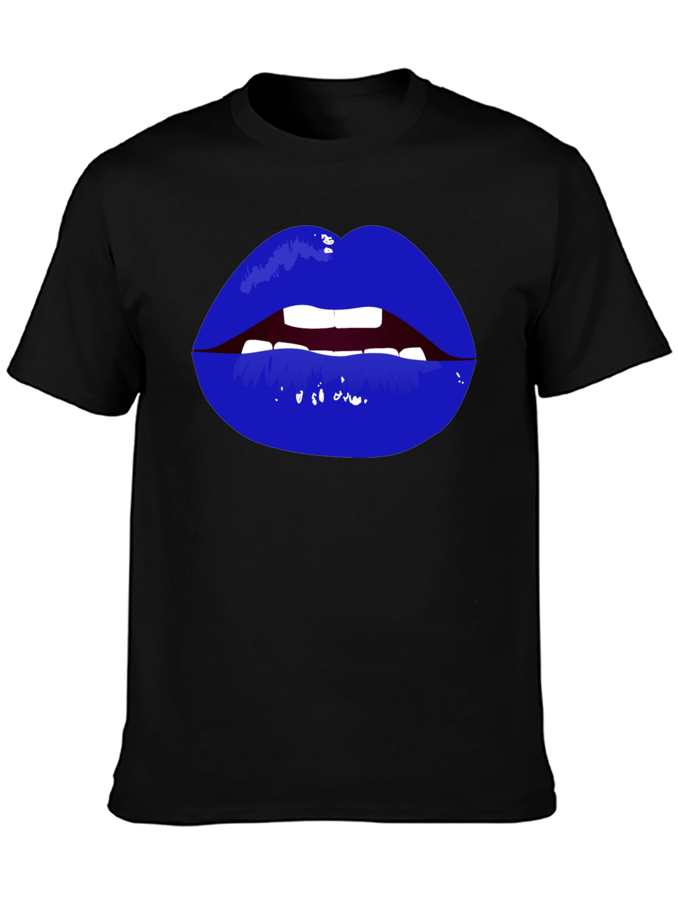 Bold Blue Lips Graphic Tee - Black Cotton T-Shirt