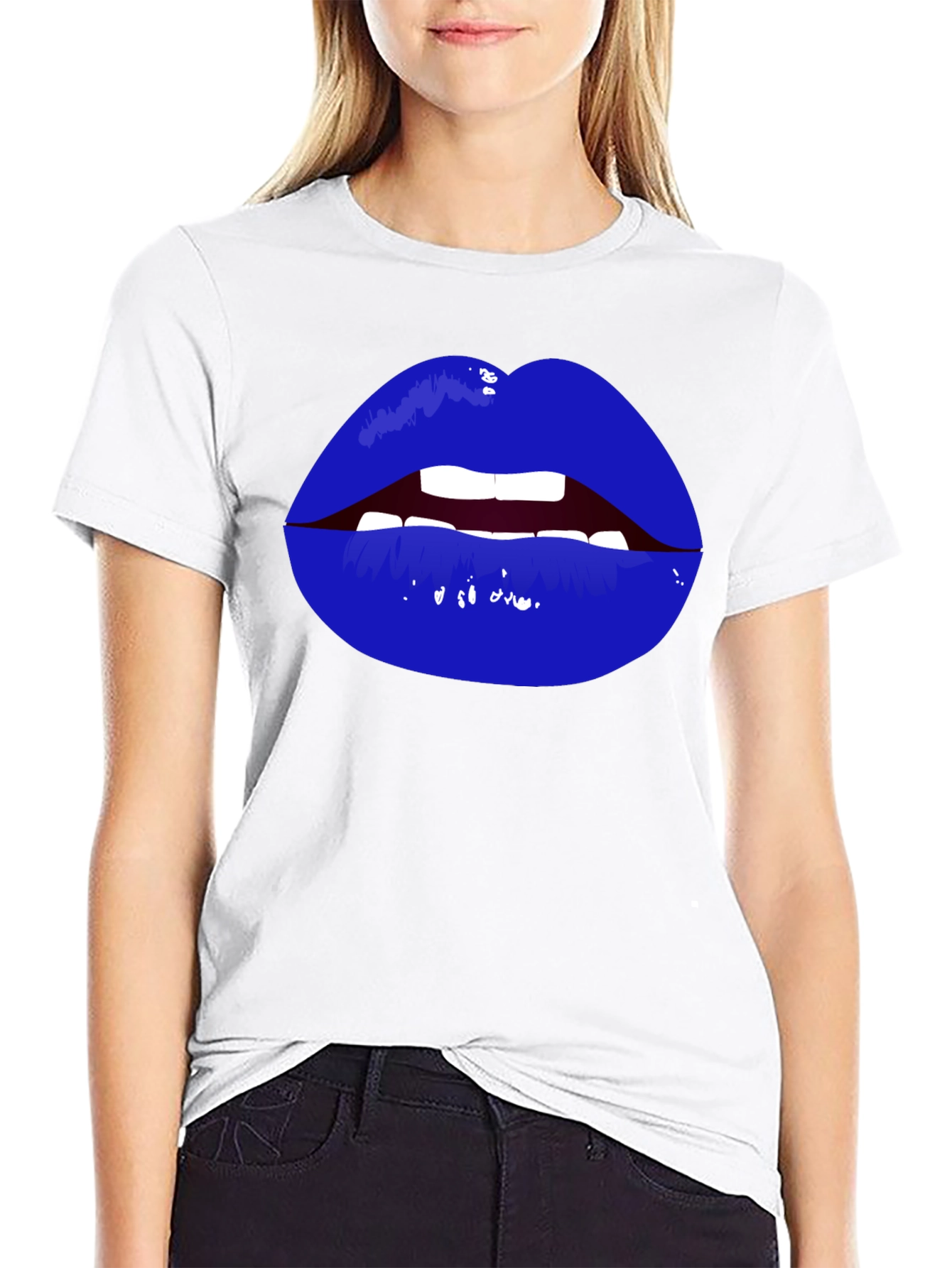 Bold Blue Lips Graphic Tee - Black Cotton T-Shirt
