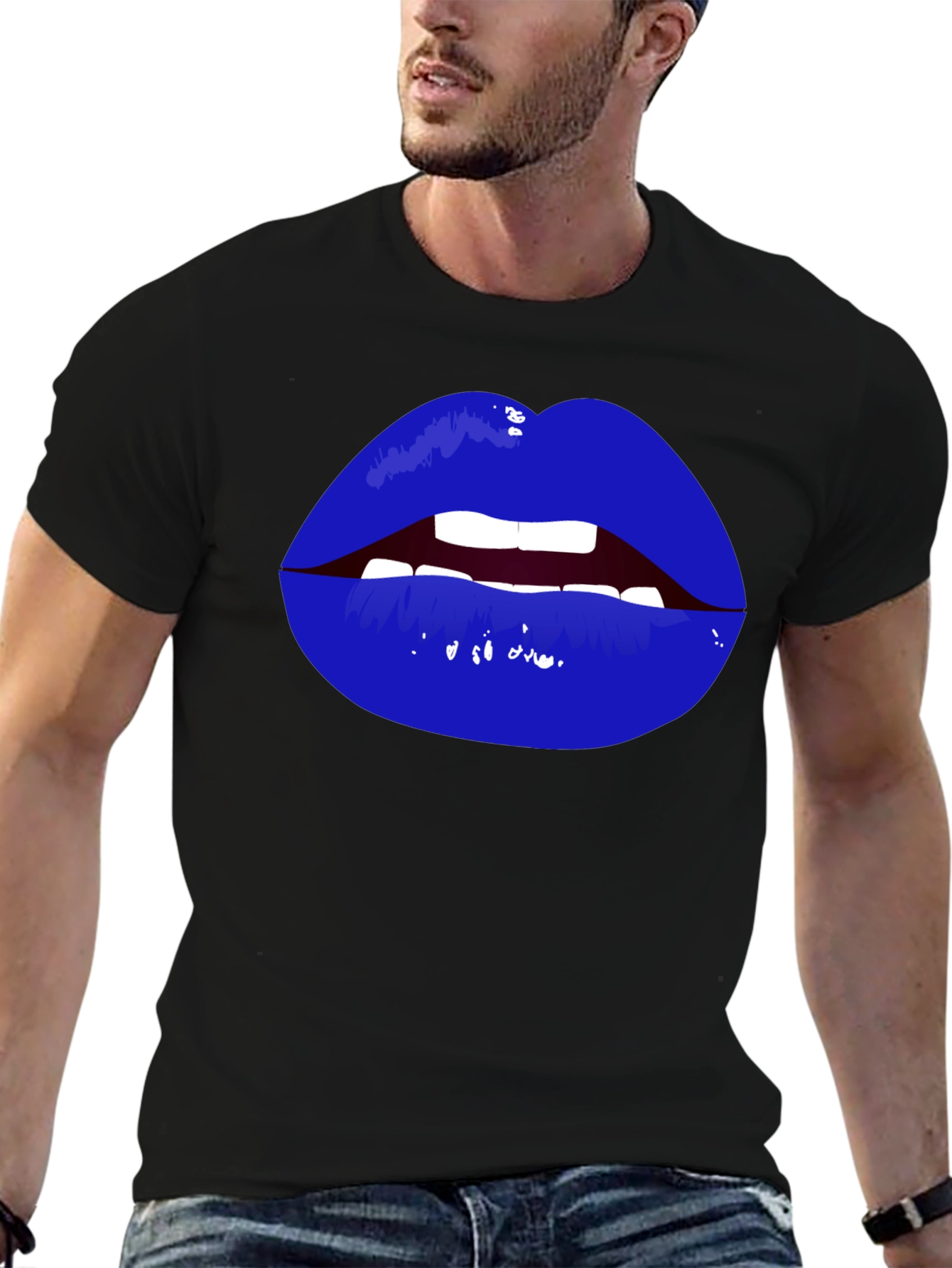 Bold Blue Lips Graphic Tee - Black Cotton T-Shirt
