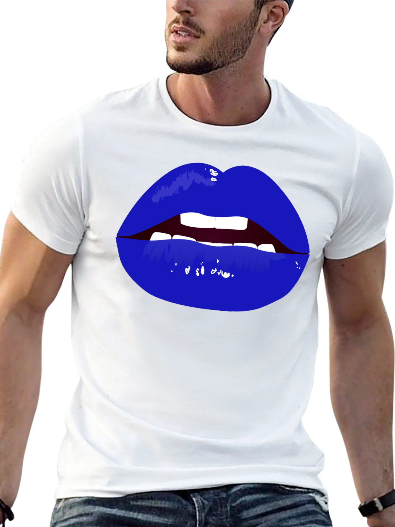 Bold Blue Lips Graphic Tee - Black Cotton T-Shirt