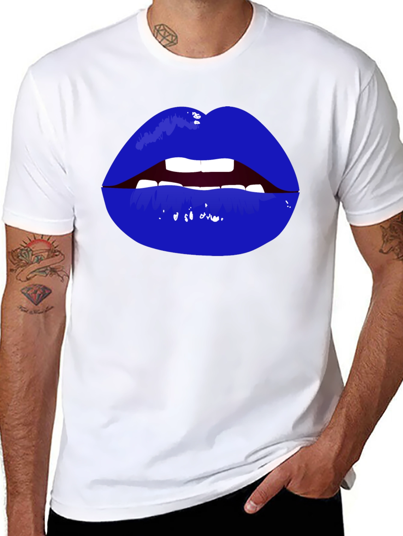 Bold Blue Lips Graphic Tee - Black Cotton T-Shirt