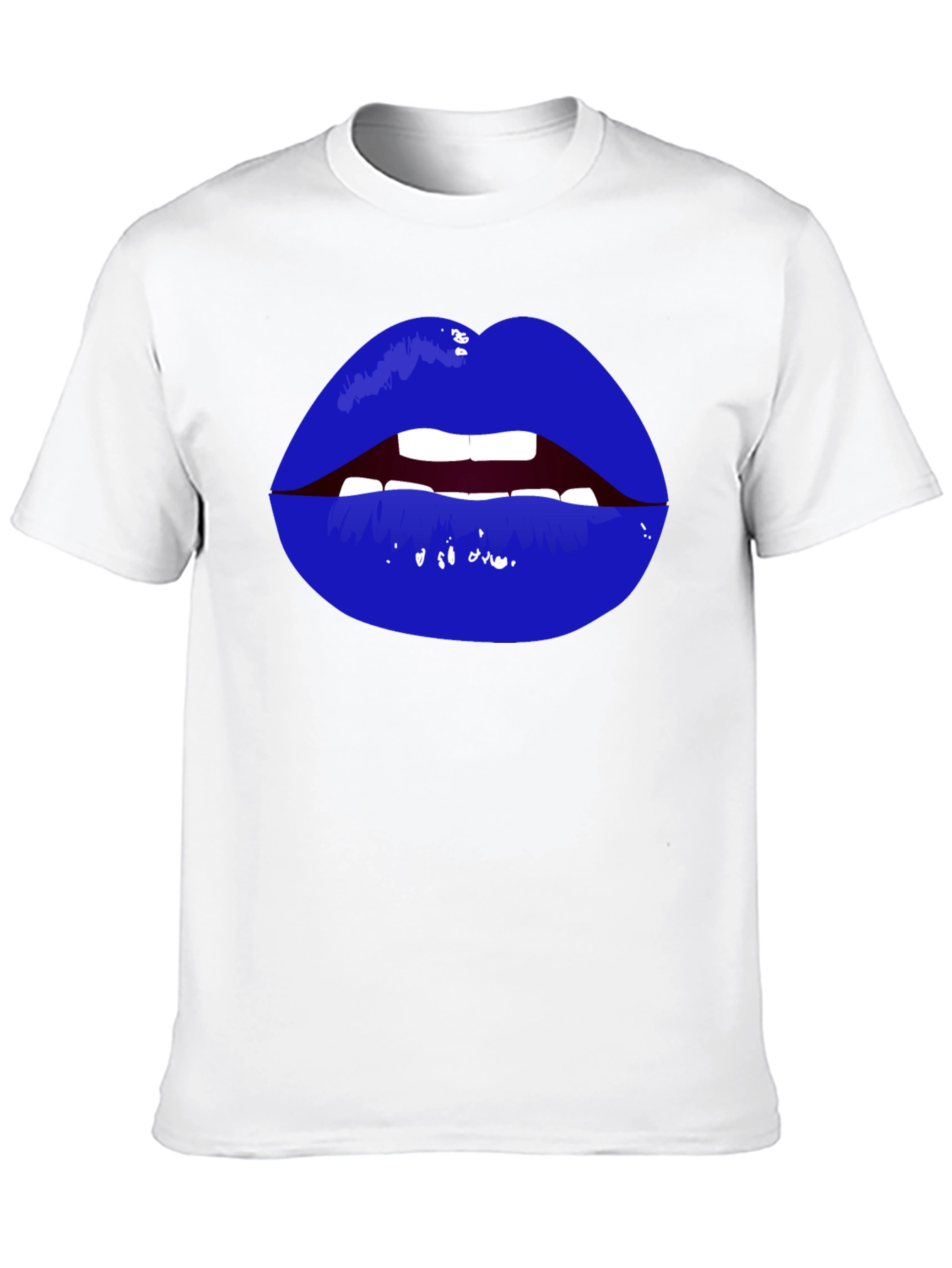 Bold Blue Lips Graphic Tee - Black Cotton T-Shirt