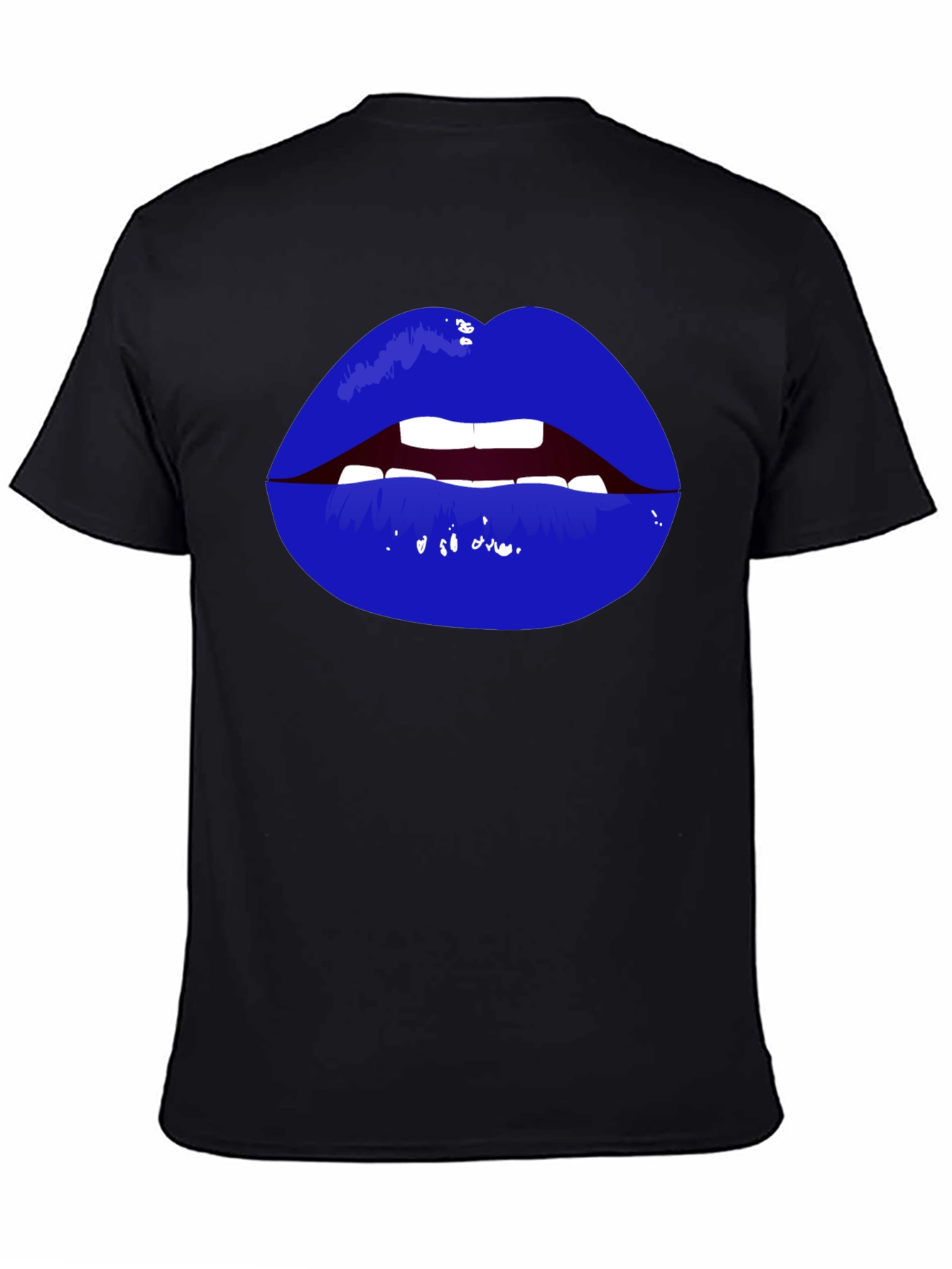 Bold Blue Lips Graphic Tee - Black Cotton T-Shirt