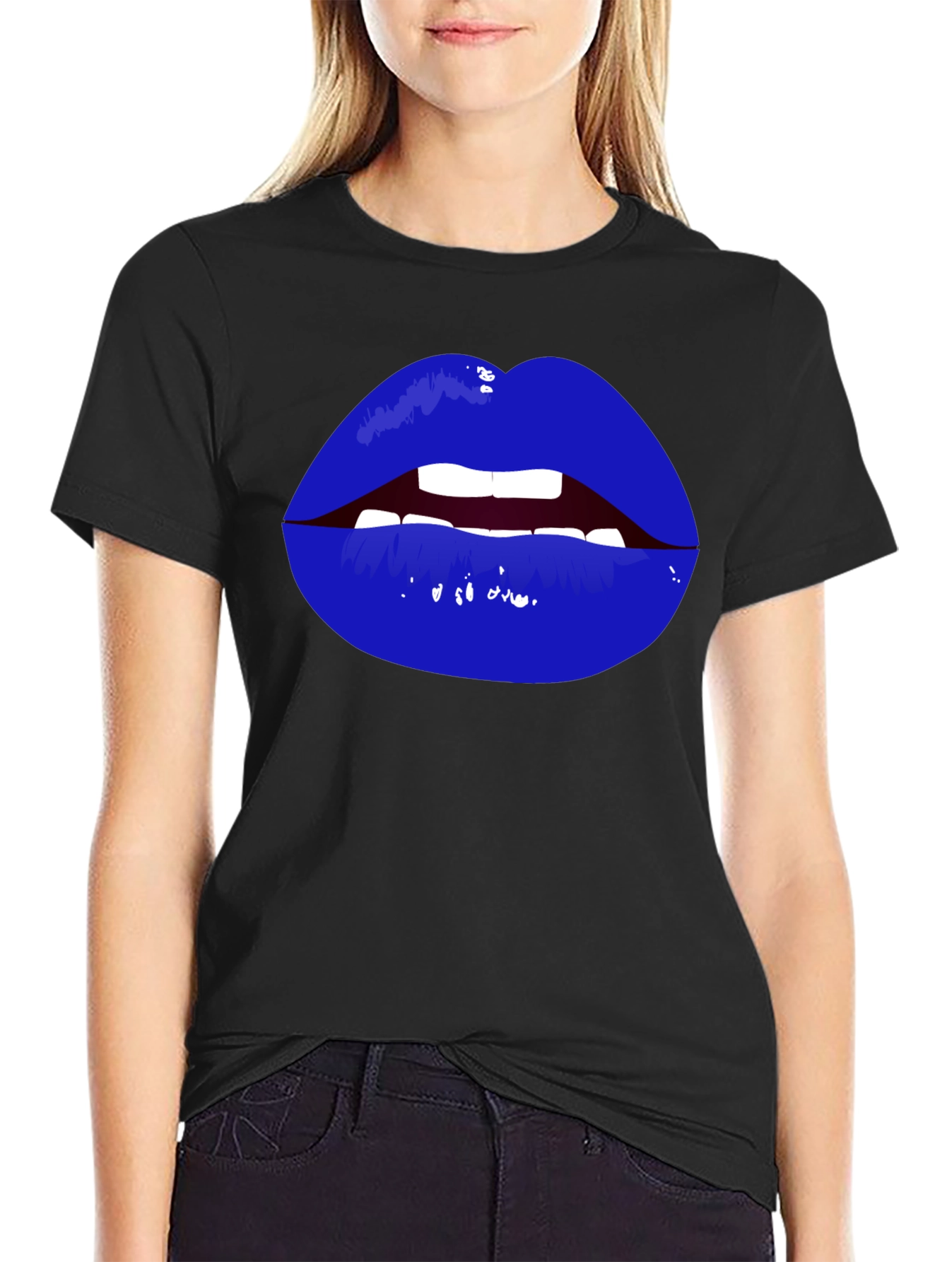 Bold Blue Lips Graphic Tee - Black Cotton T-Shirt
