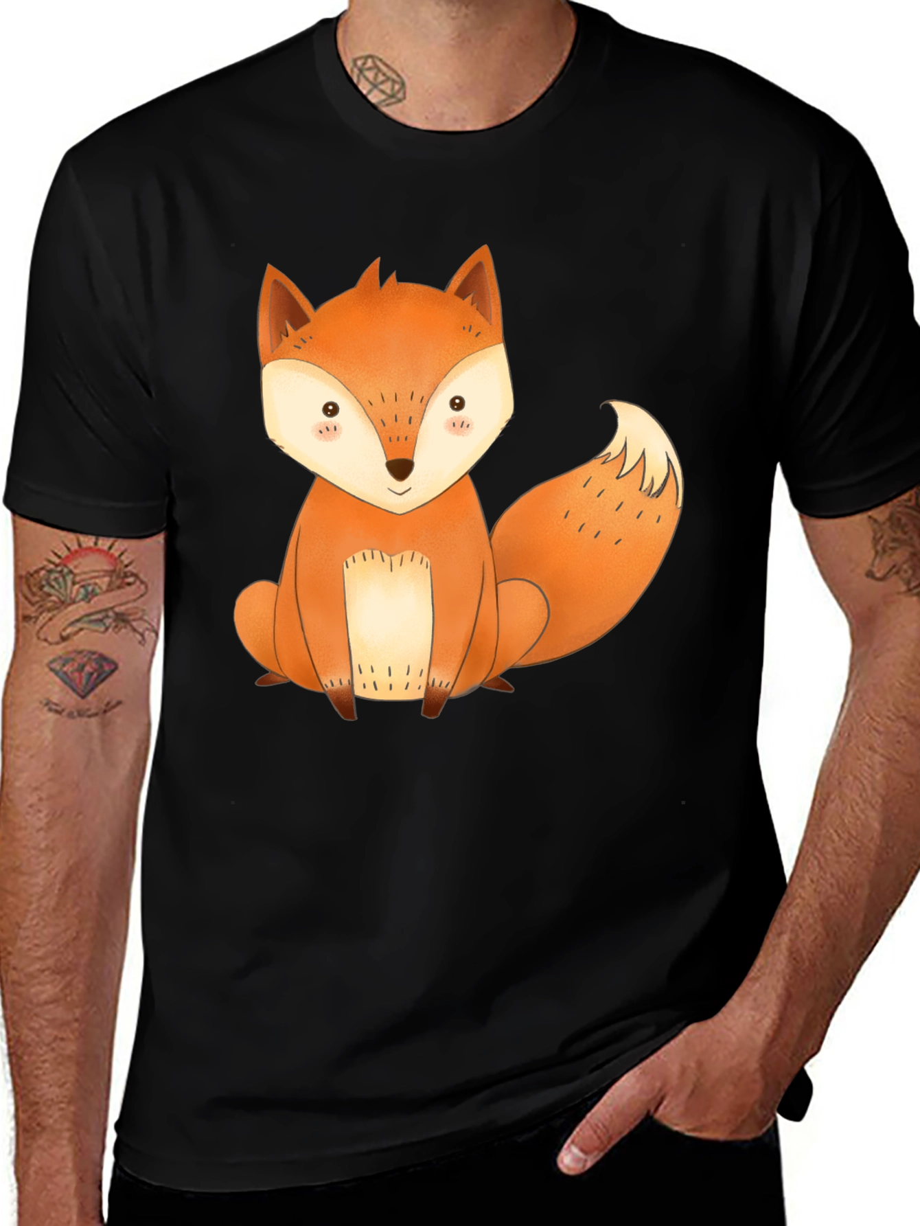 Cute Fox Graphic Tee - Black Cotton T-Shirt