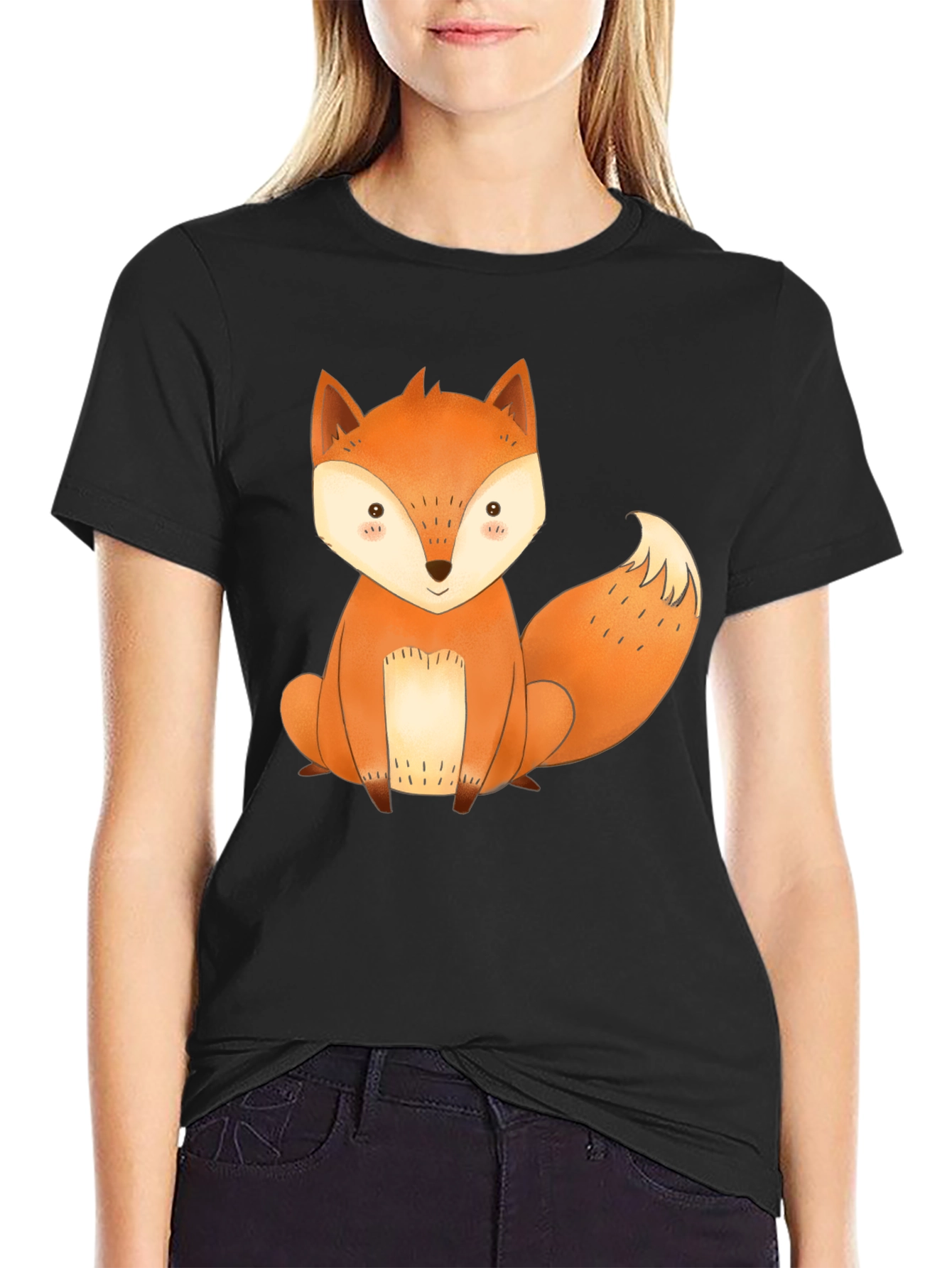Cute Fox Graphic Tee - Black Cotton T-Shirt