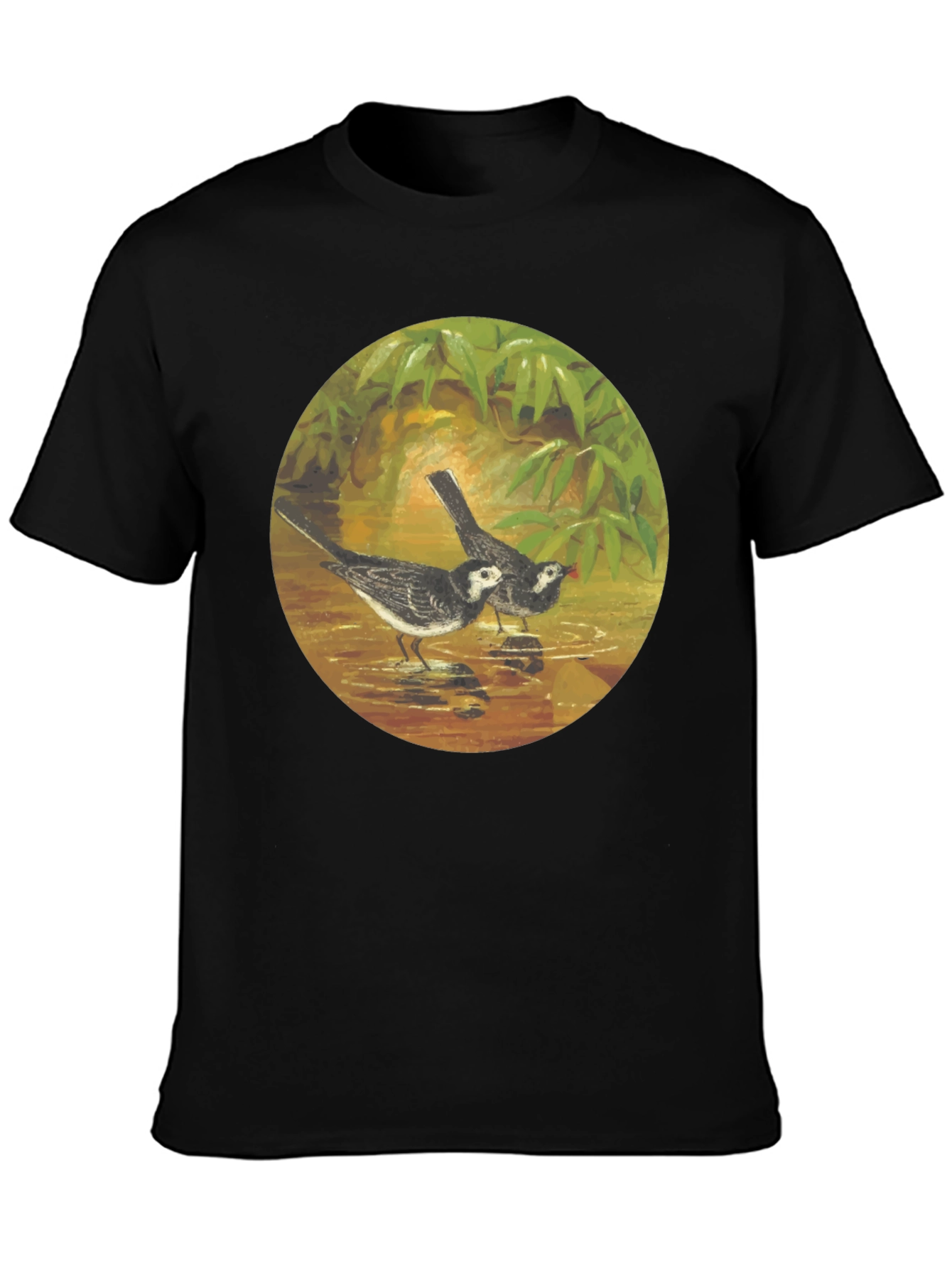 Black T-Shirt with Bird Art Print