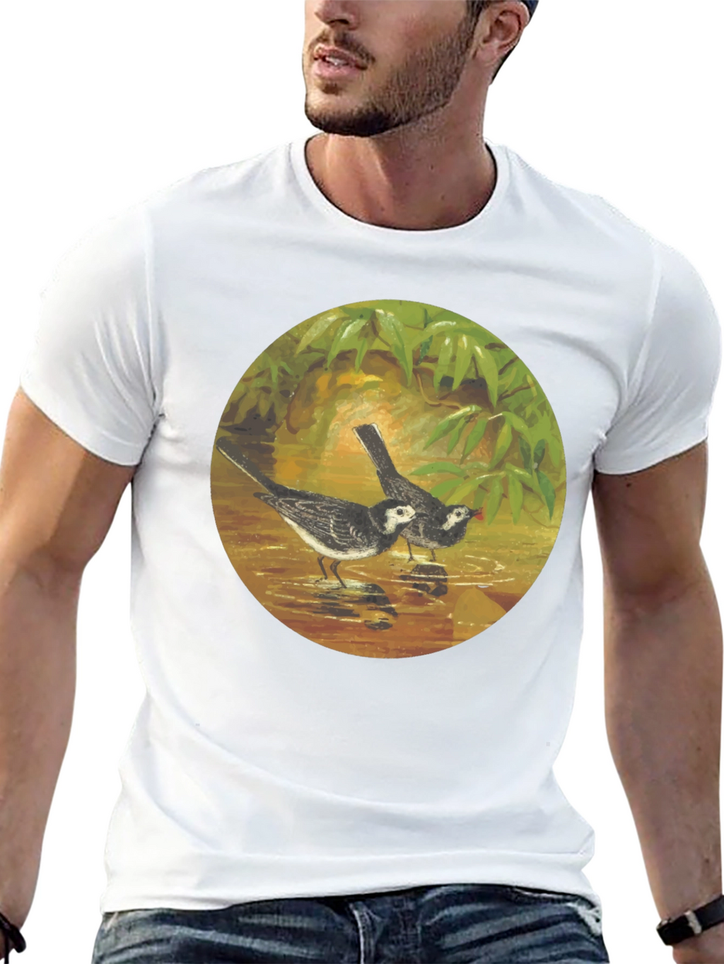 Black T-Shirt with Bird Art Print