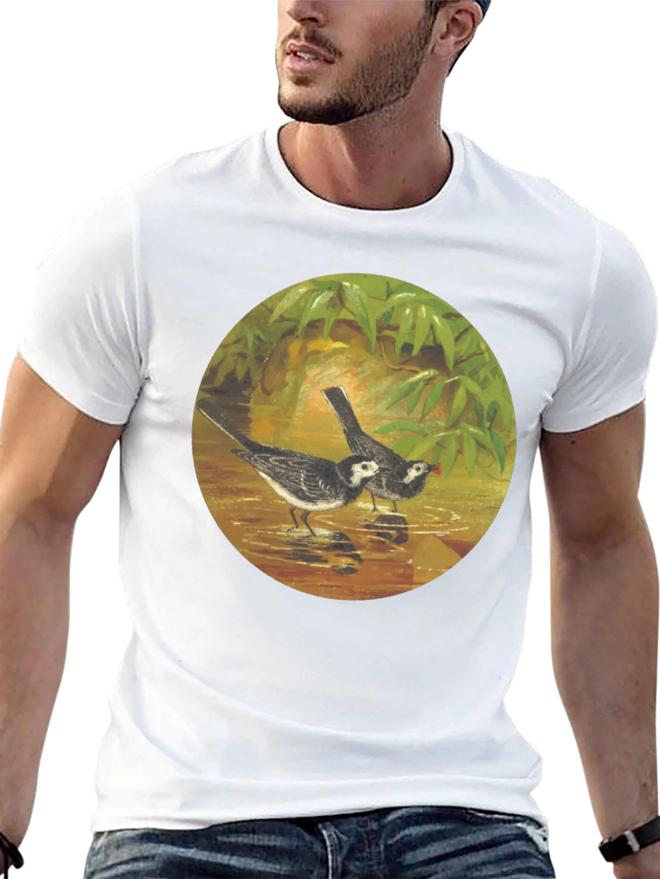 Black T-Shirt with Bird Art Print