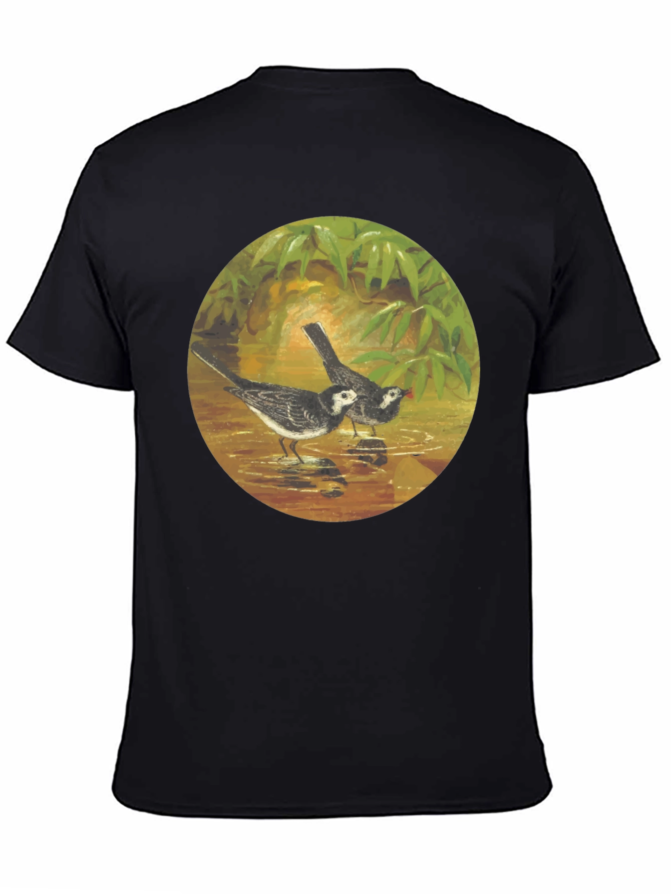 Black T-Shirt with Bird Art Print