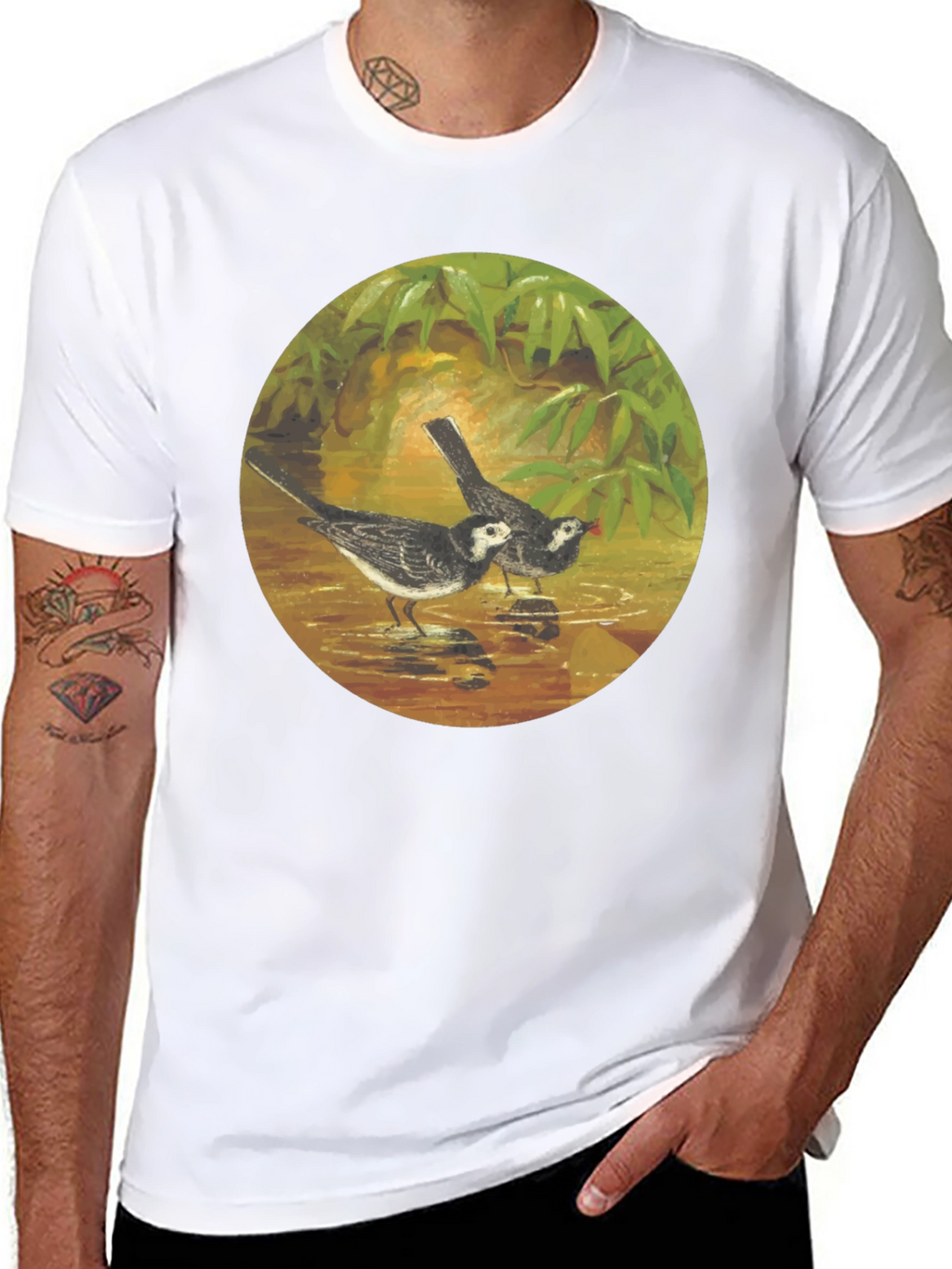 Black T-Shirt with Bird Art Print
