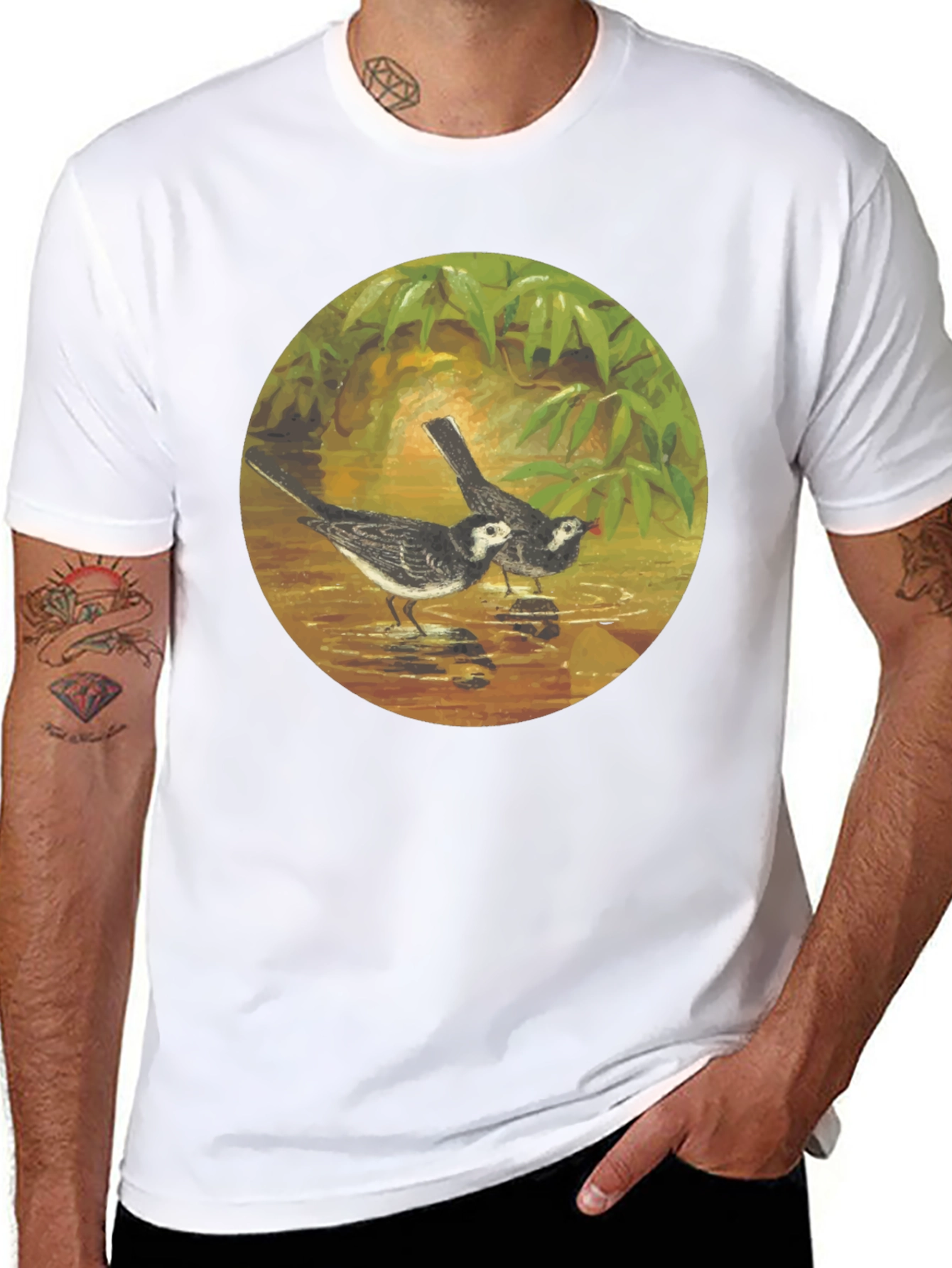 Black T-Shirt with Bird Art Print