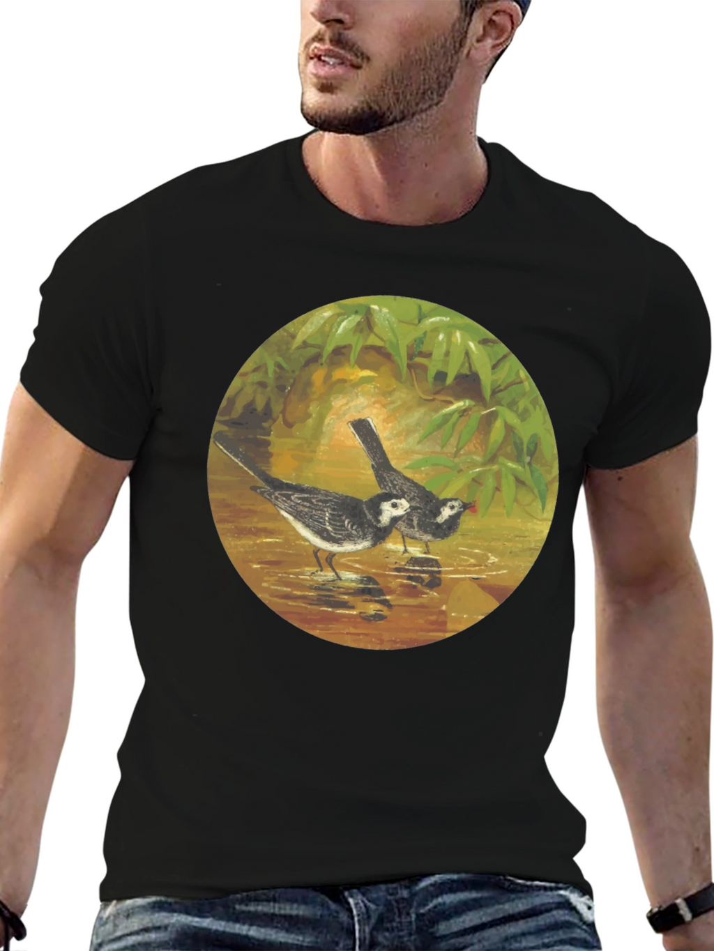 Black T-Shirt with Bird Art Print