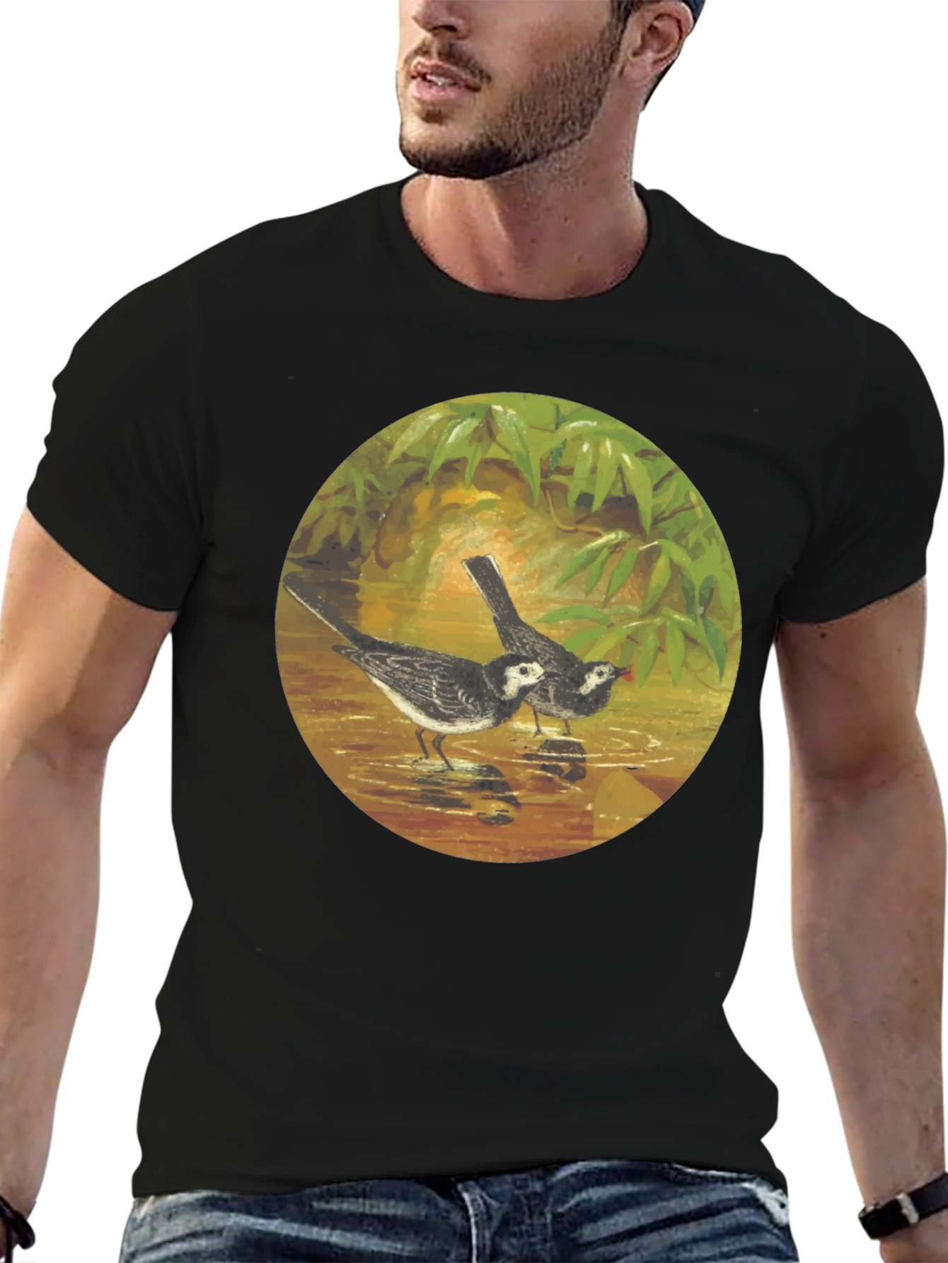 Black T-Shirt with Bird Art Print