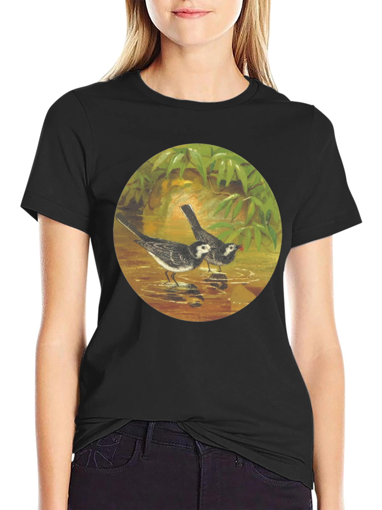 Black T-Shirt with Bird Art Print