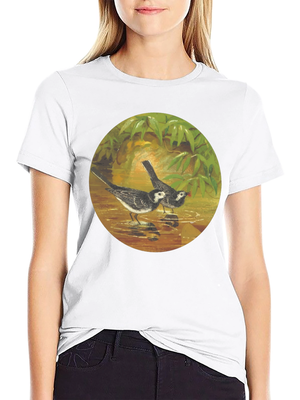 Black T-Shirt with Bird Art Print