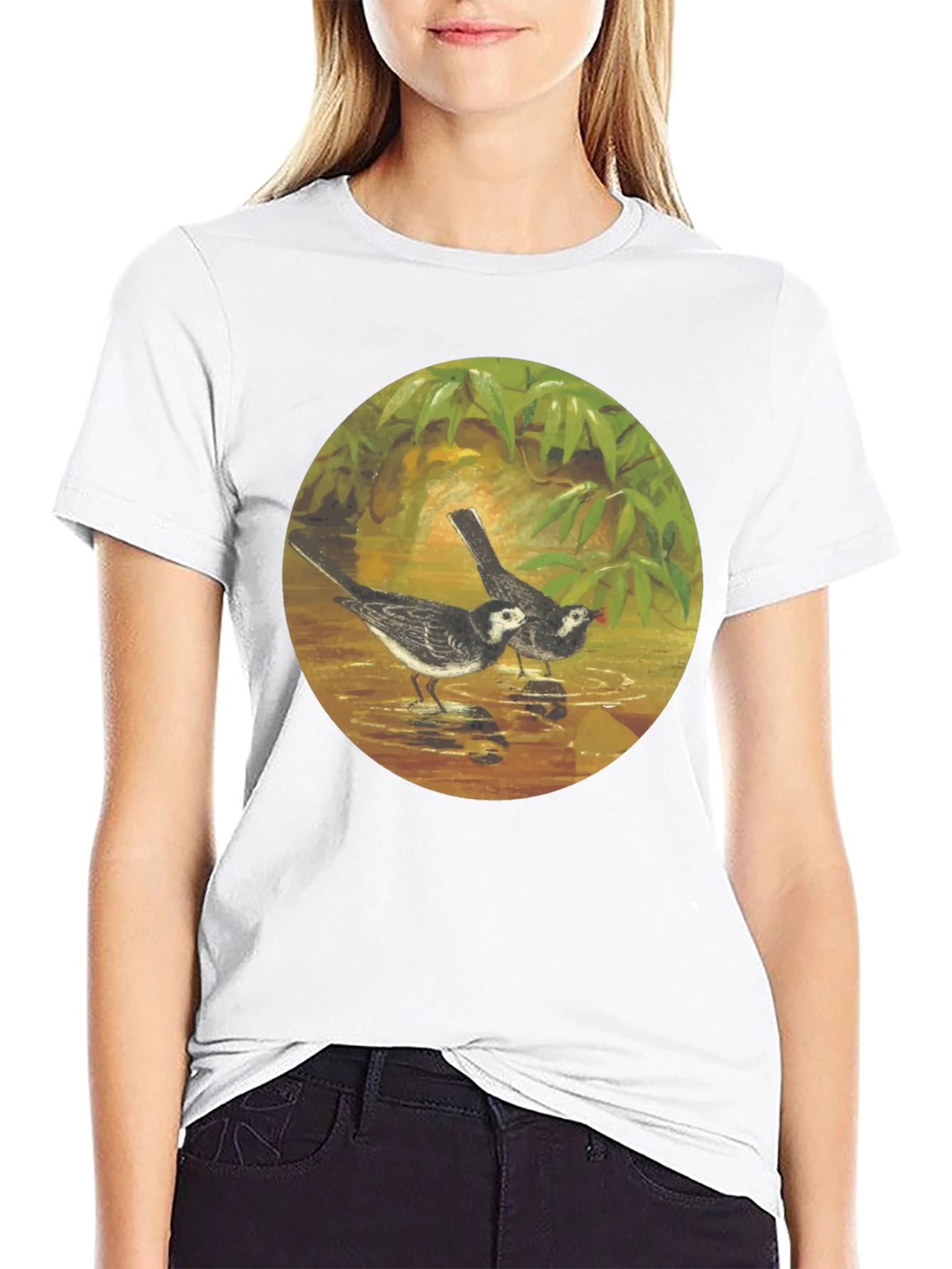 Black T-Shirt with Bird Art Print