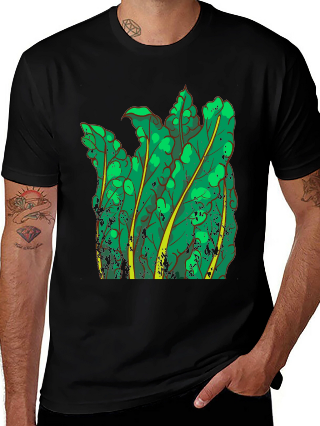 Green Leaf Graphic Black T-Shirt