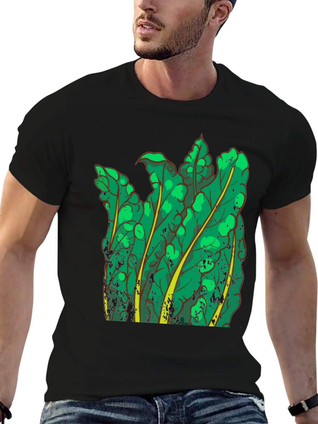 Green Leaf Graphic Black T-Shirt