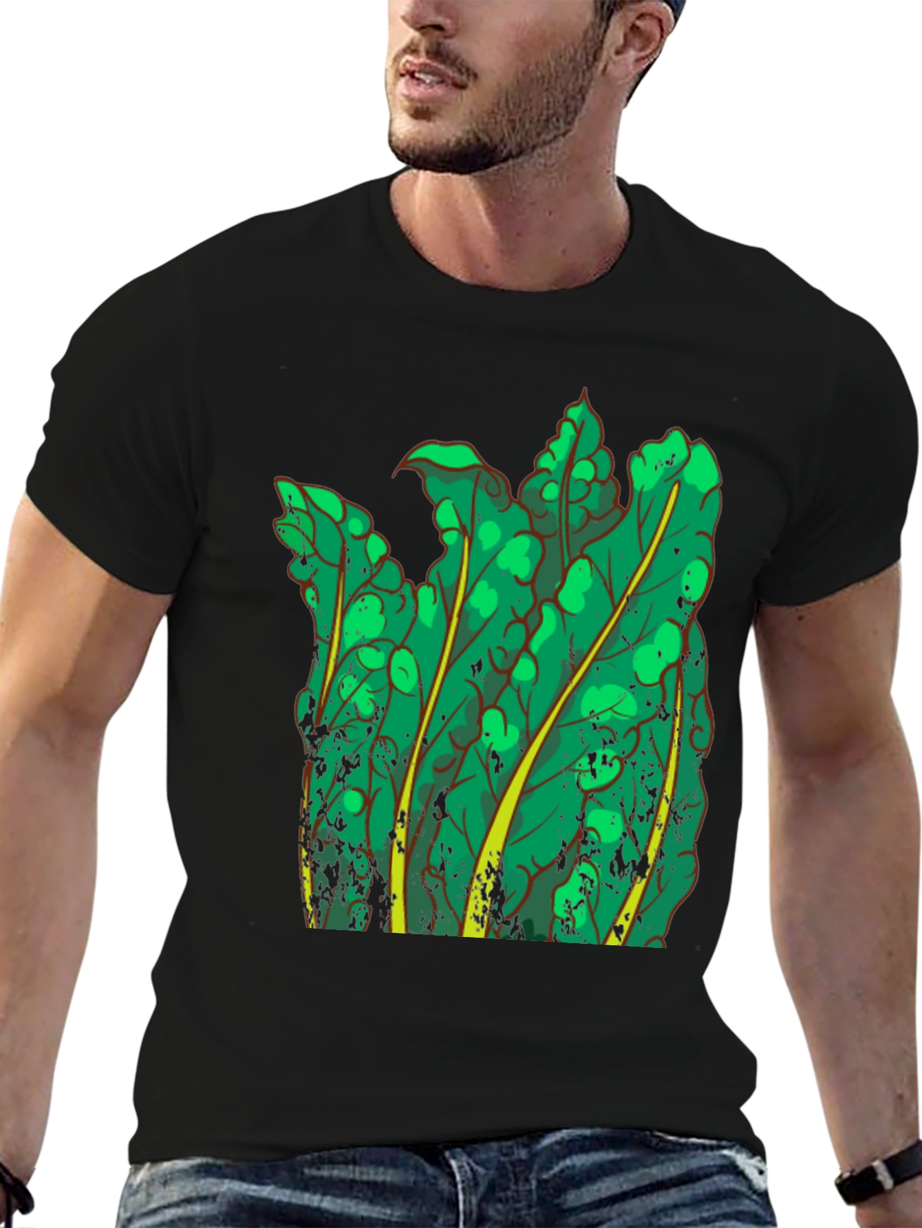 Green Leaf Graphic Black T-Shirt