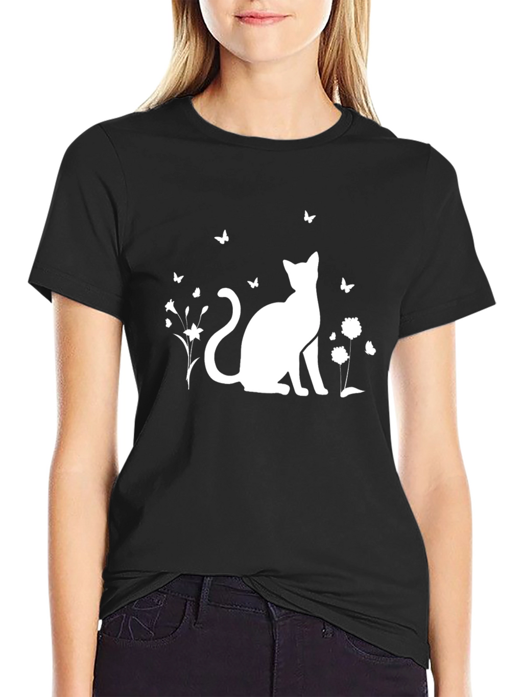 Black Cat & Butterfly Graphic T-Shirt