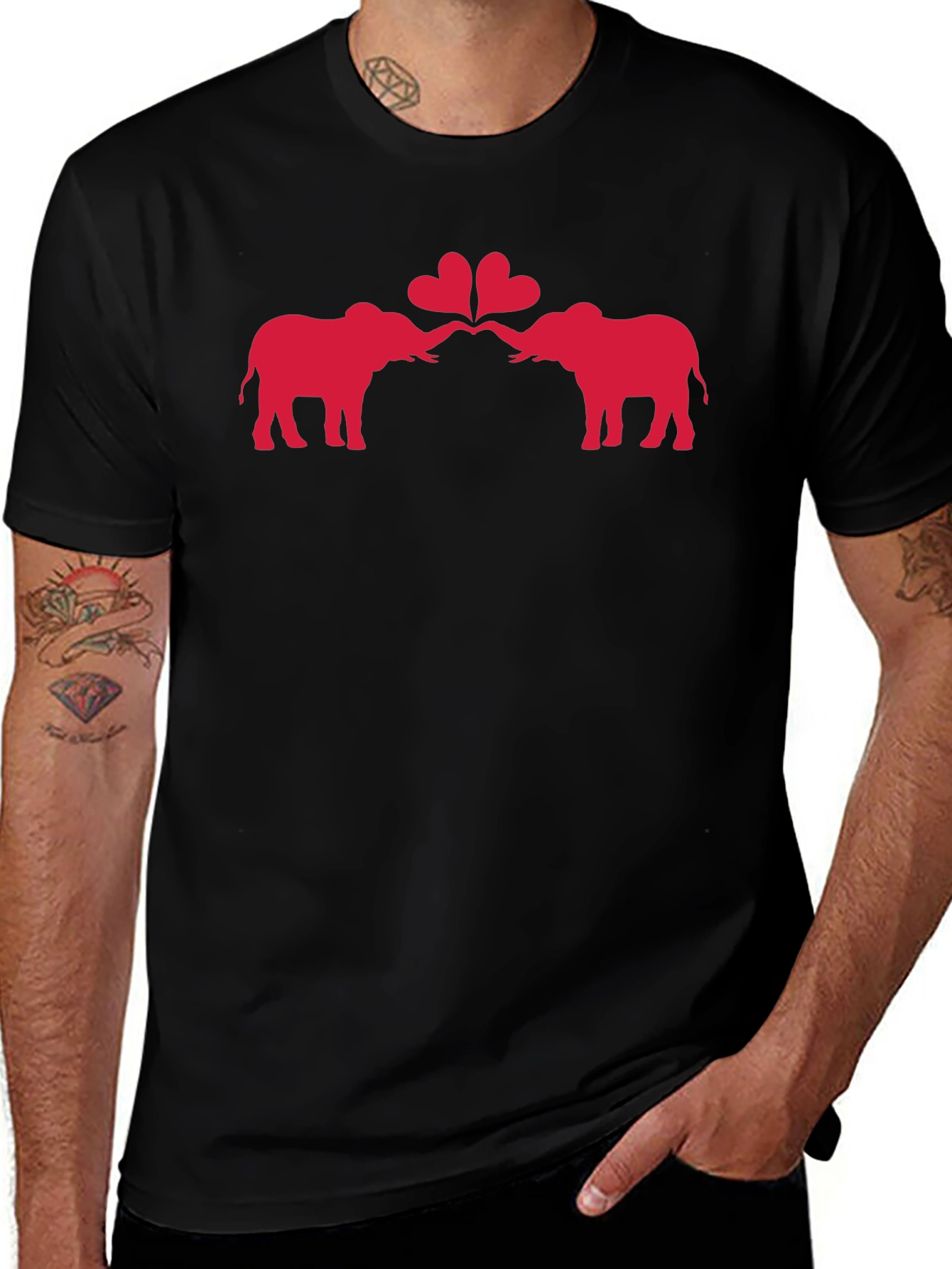 Elephant Love Heart Graphic Black T-Shirt