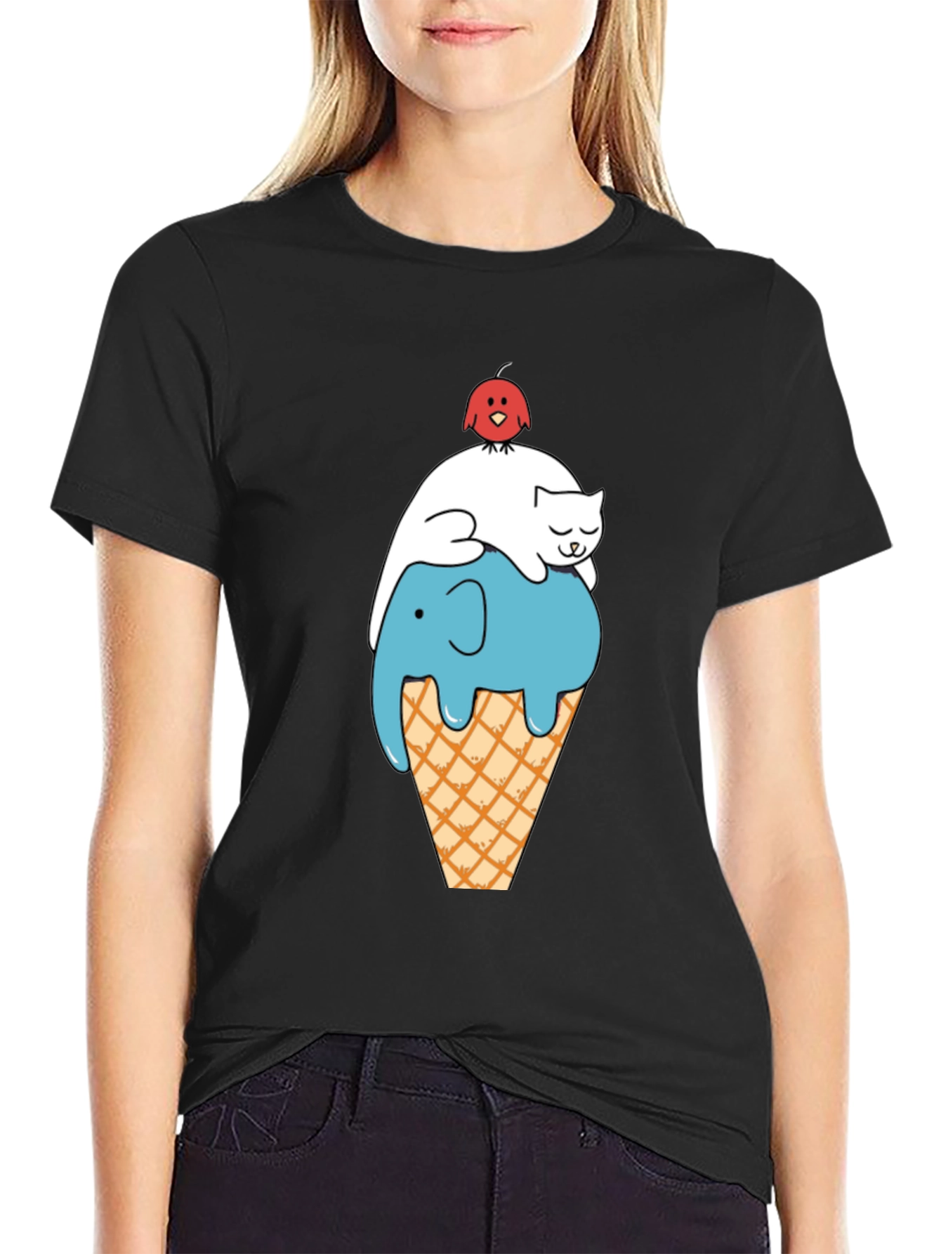 Whimsical Animal Ice Cream Cone Black T-Shirt
