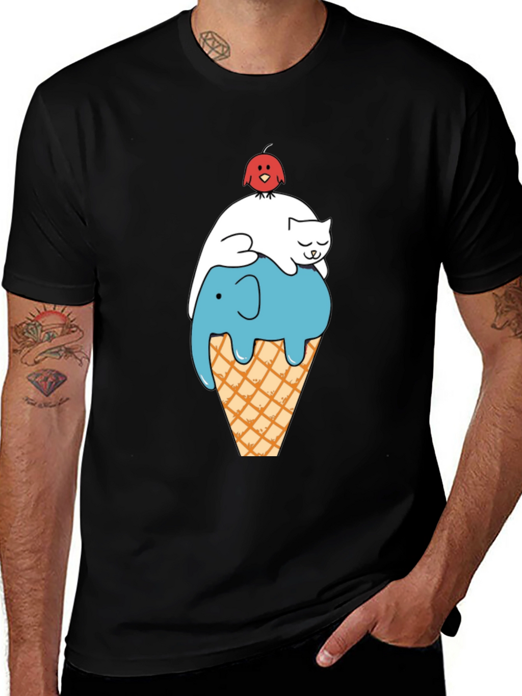 Whimsical Animal Ice Cream Cone Black T-Shirt