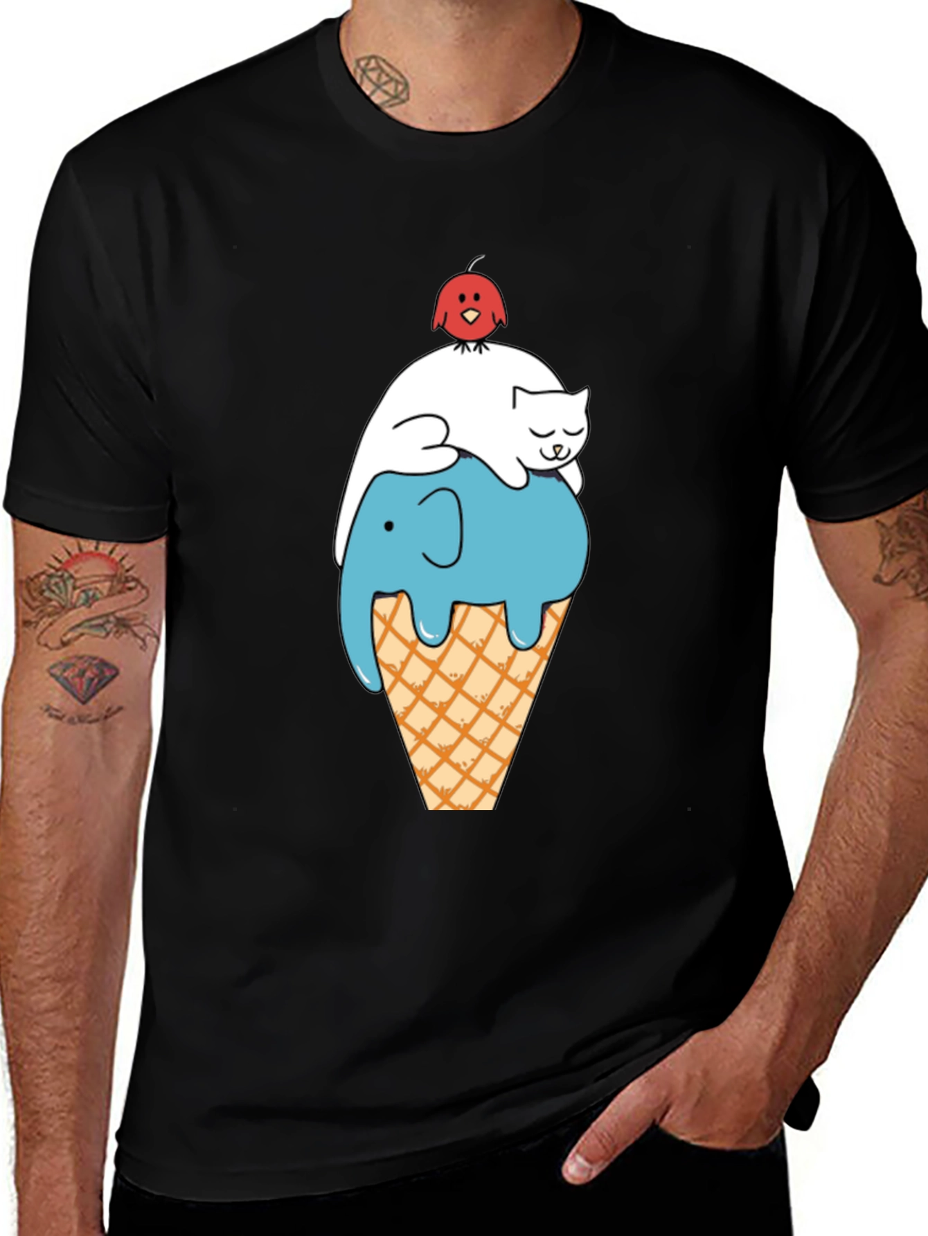 Whimsical Animal Ice Cream Cone Black T-Shirt