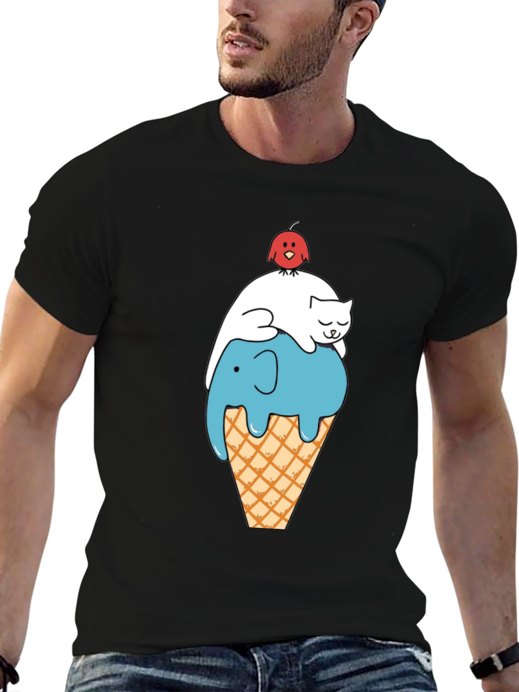 Whimsical Animal Ice Cream Cone Black T-Shirt