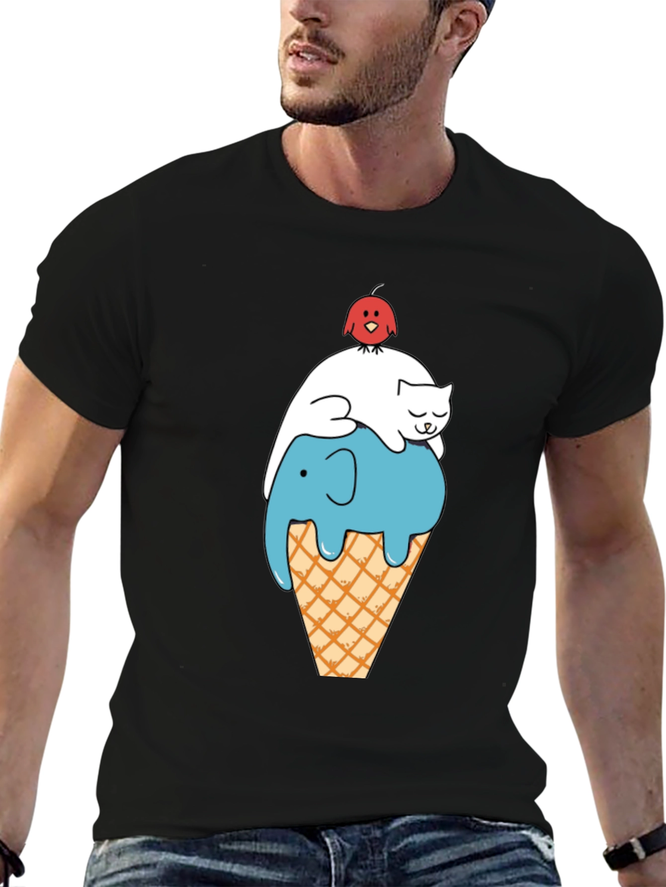 Whimsical Animal Ice Cream Cone Black T-Shirt