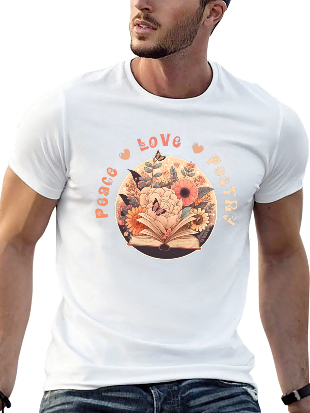 Peace Love Poetry T-Shirt - Floral Book Design