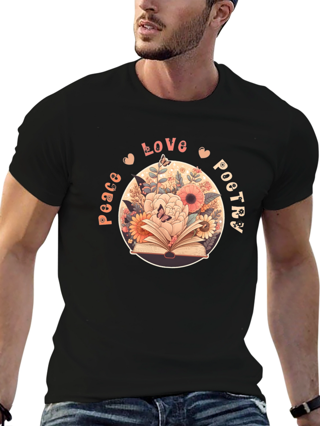 Peace Love Poetry T-Shirt - Floral Book Design
