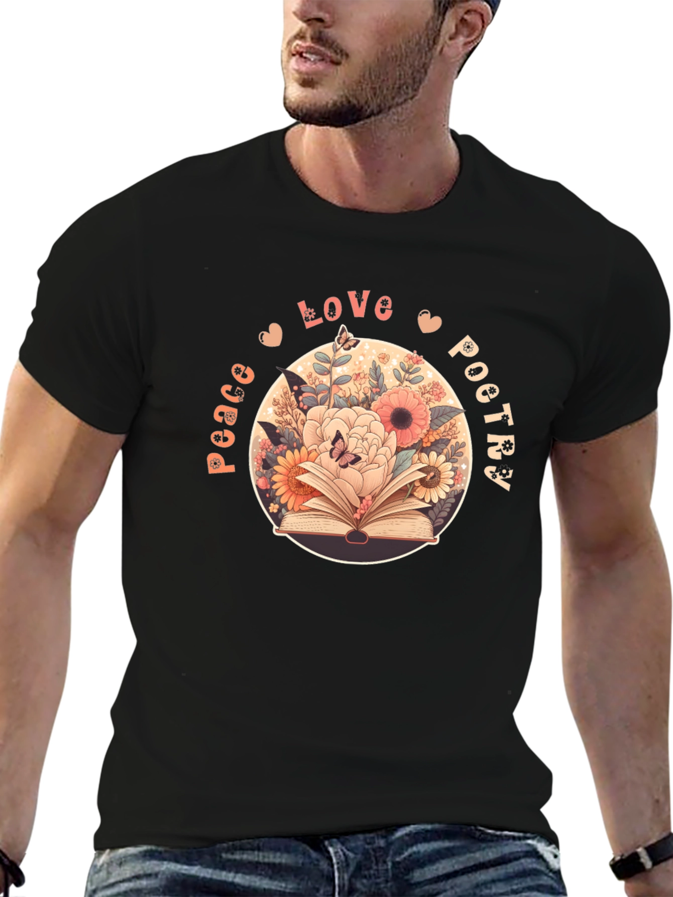Peace Love Poetry T-Shirt - Floral Book Design