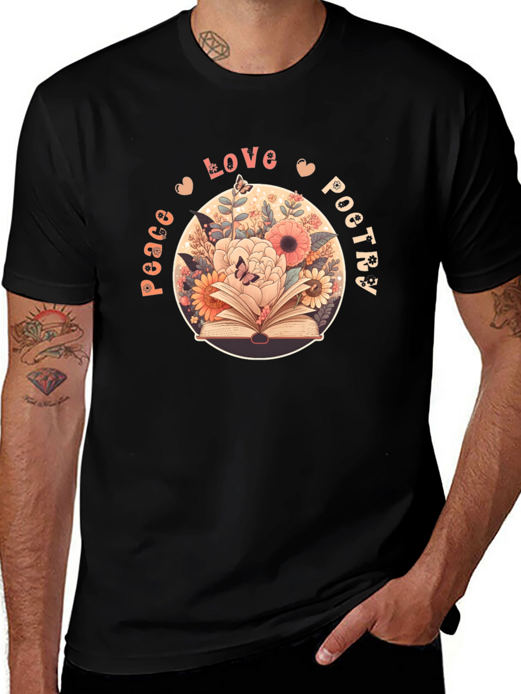 Peace Love Poetry T-Shirt - Floral Book Design