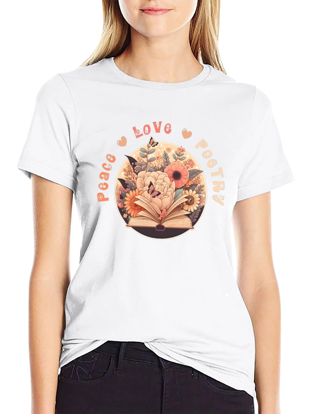 Peace Love Poetry T-Shirt - Floral Book Design