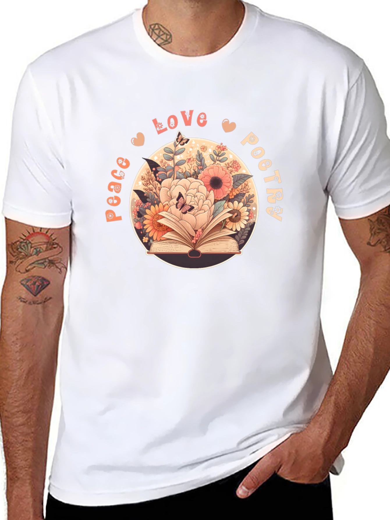 Peace Love Poetry T-Shirt - Floral Book Design