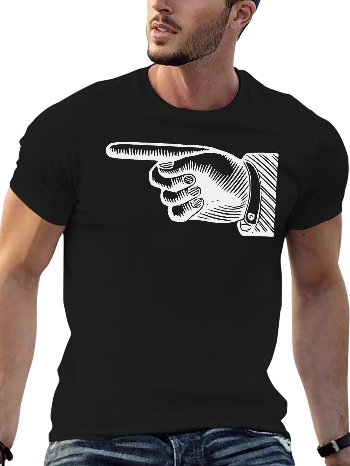 Pointing Finger Graphic Tee - Classic Black Cotton Shirt