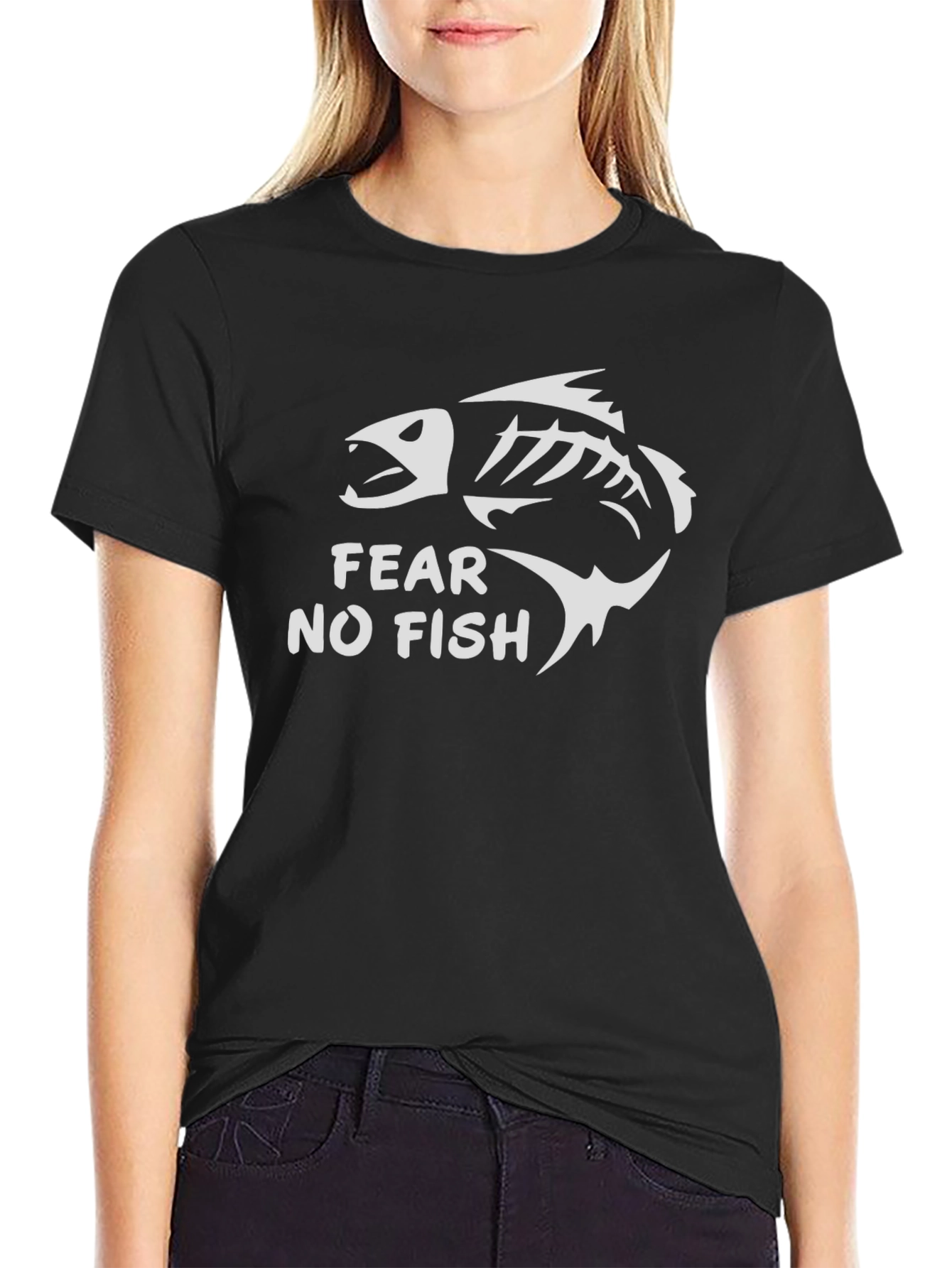 Fear No Fish Black Cotton Tee - Skeleton Fish Graphic T-Shirt