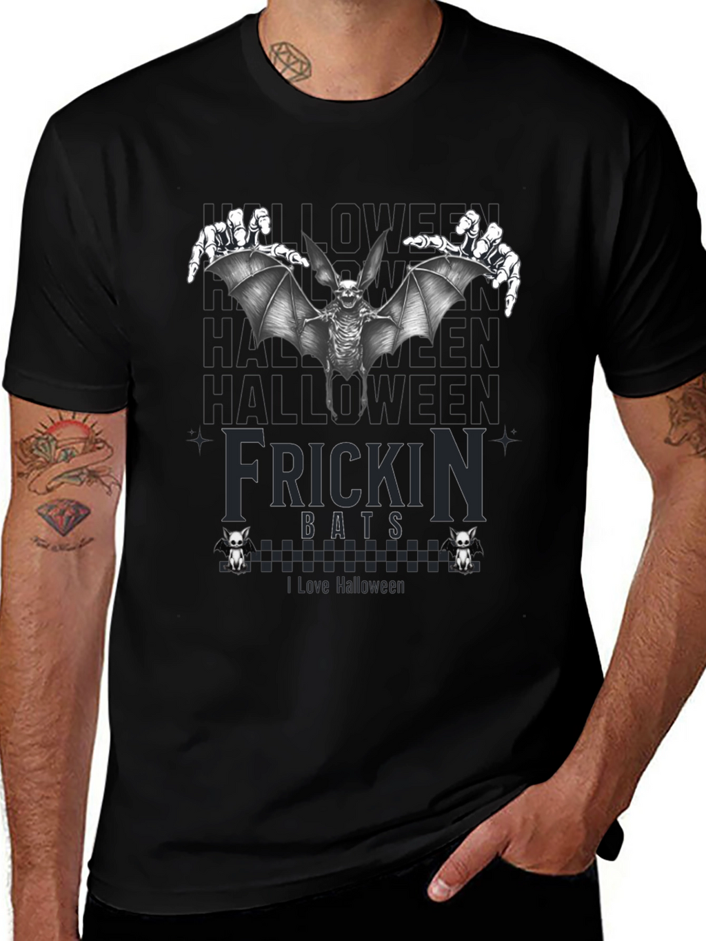 Frickin Bats Halloween T-Shirt - Spooky Skeleton Bat Design