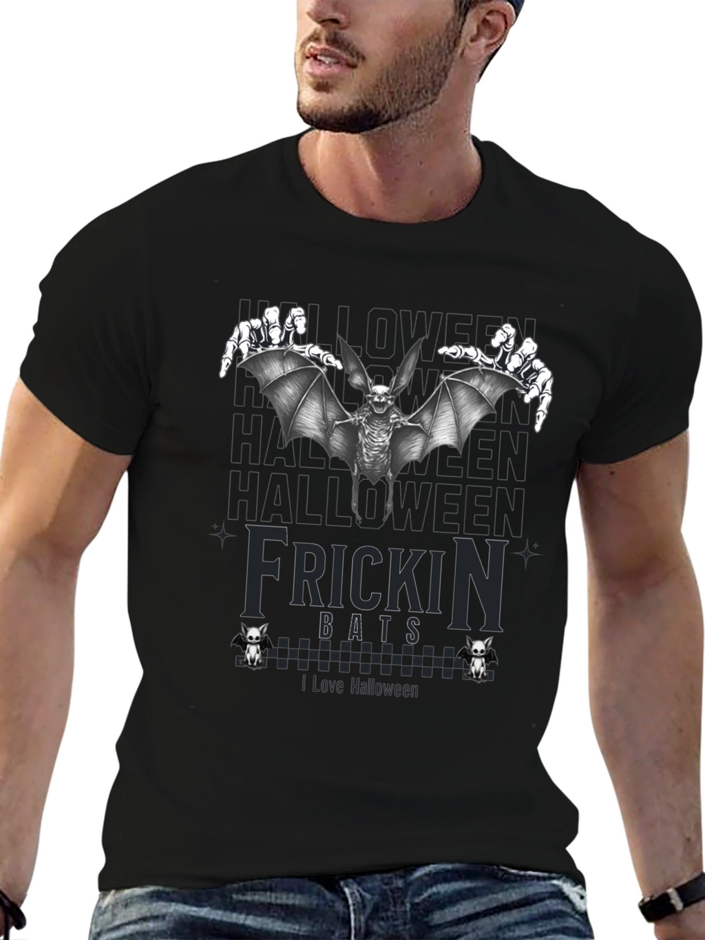 Frickin Bats Halloween T-Shirt - Spooky Skeleton Bat Design